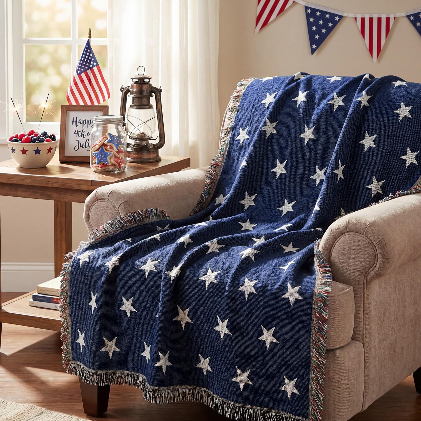 Photo 1 of Patriotic Woven Blanket 4th of July Soft Tapestry Patriotic Star Blanket for Sofa Couch Bed Decorative Blankets with Tassel for Independence Day 250th Military Veteran Gifts, 69"x48"