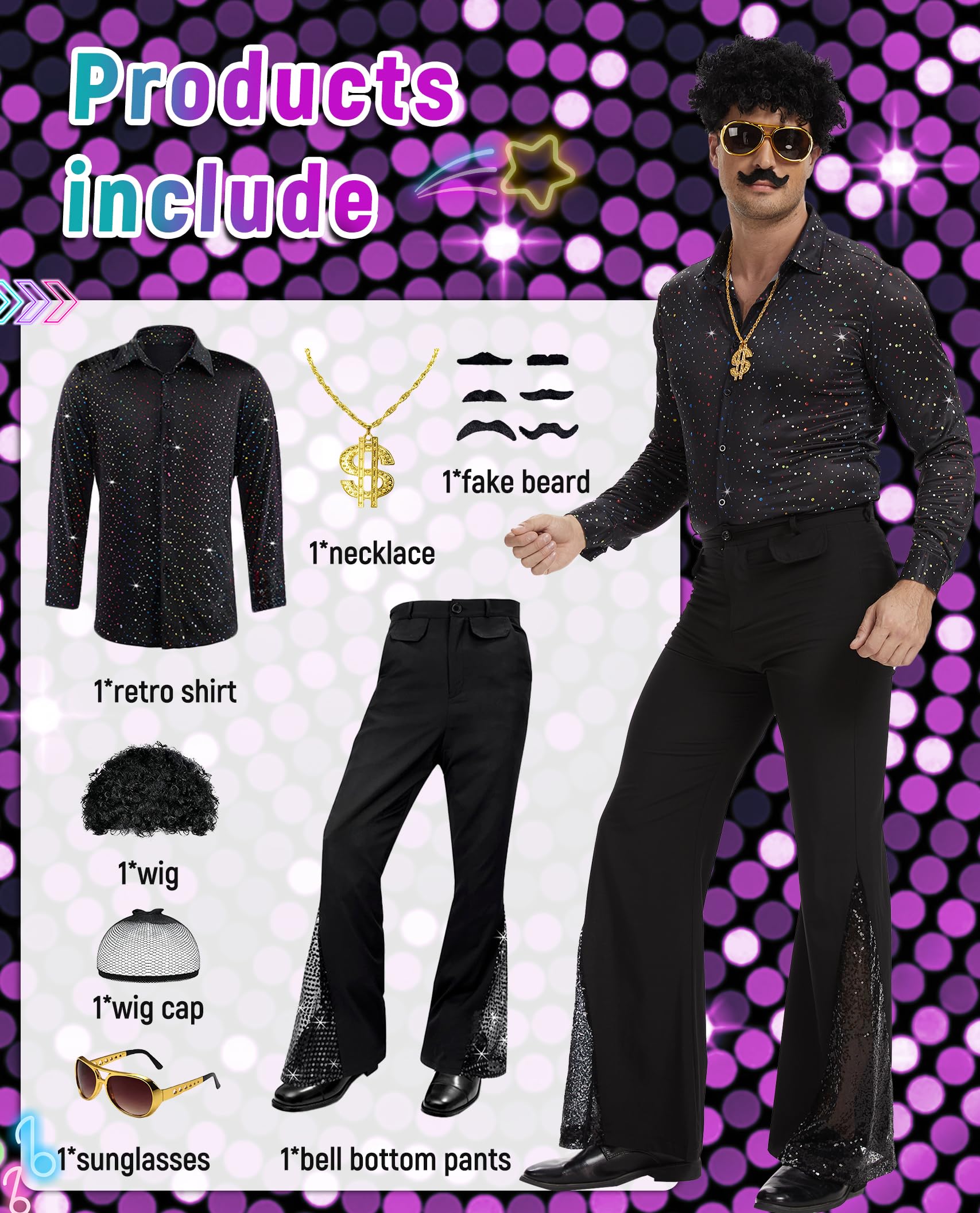 Disfraz de discoteca de los años 70, camisa de lentejuelas y pantalones acampanados, con peluca afro, gafas de sol, cadena dorada y bigote