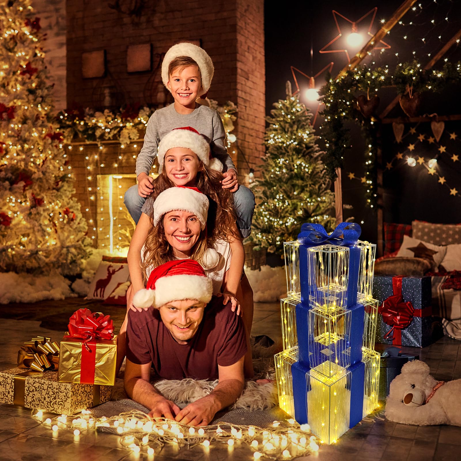 Set di 3 scatole regalo con luci di Natale, 140 luci a LED, scatole regalo con fiocchi blu brillante per albero di Natale, patio, casa, decorazione per interni ed esterni