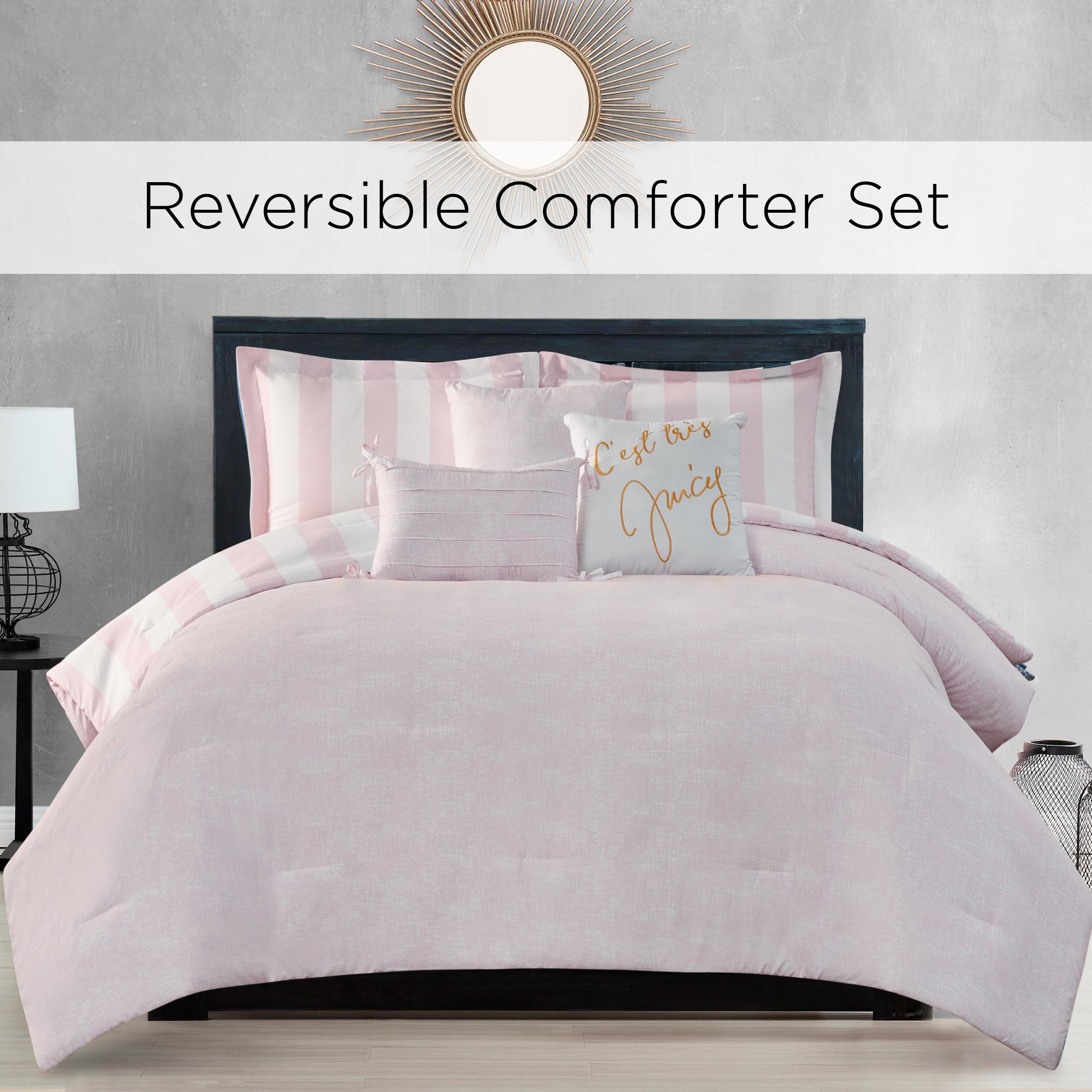 Juicy Couture Cabana, juego de ropa de cama reversible a rayas, tamaño king, estampado de rayas rosadas y blancas, juego de 6 piezas, incluye 1 edredón de 264,16 cm x 228,6 cm, 3 almohadas decorativas