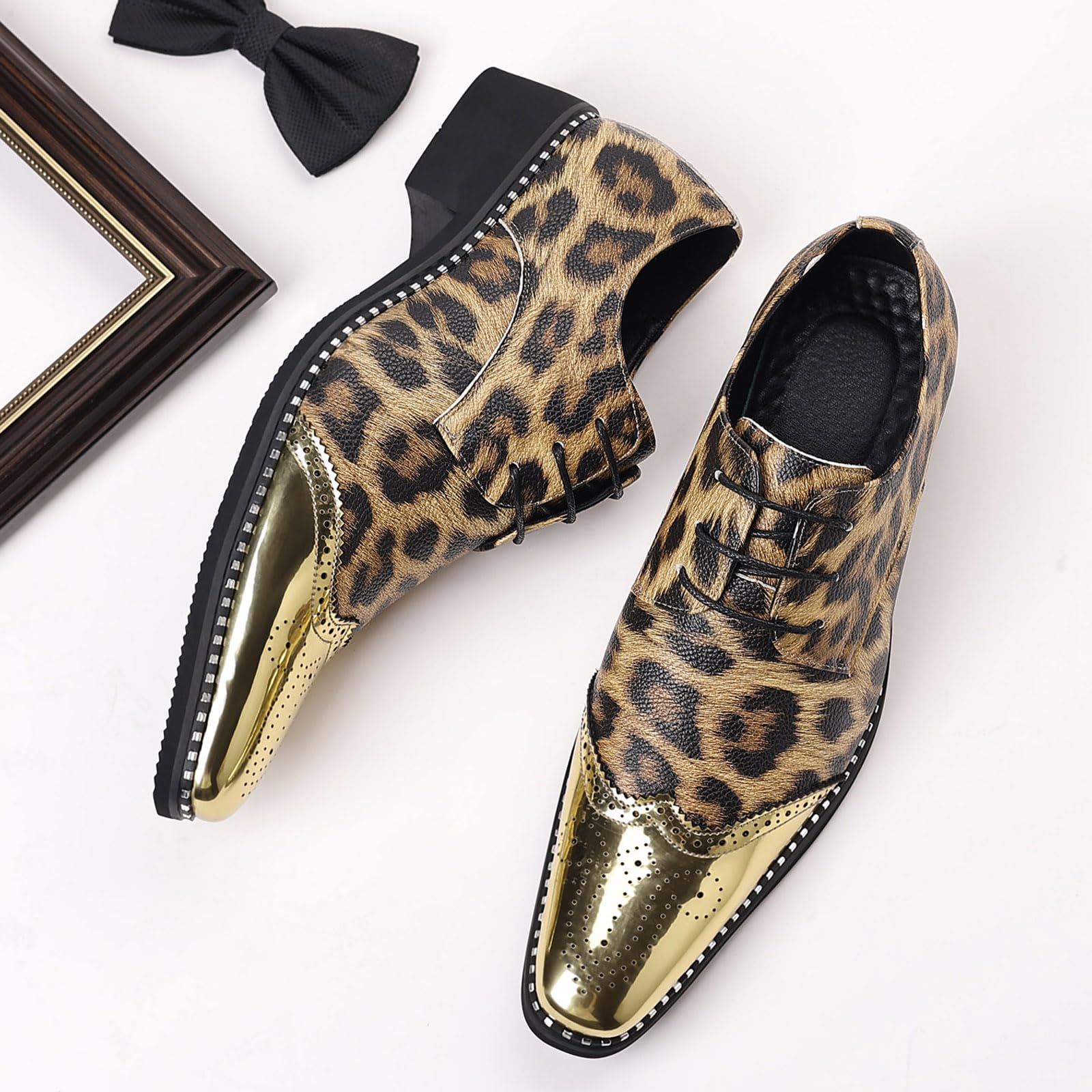 Herren Glänzende Leopard Druck Kleid Schuhe | Metallic Oxford Schuhe für Party, Abschlussball, Bühne, Hochzeit und Club-Outfits