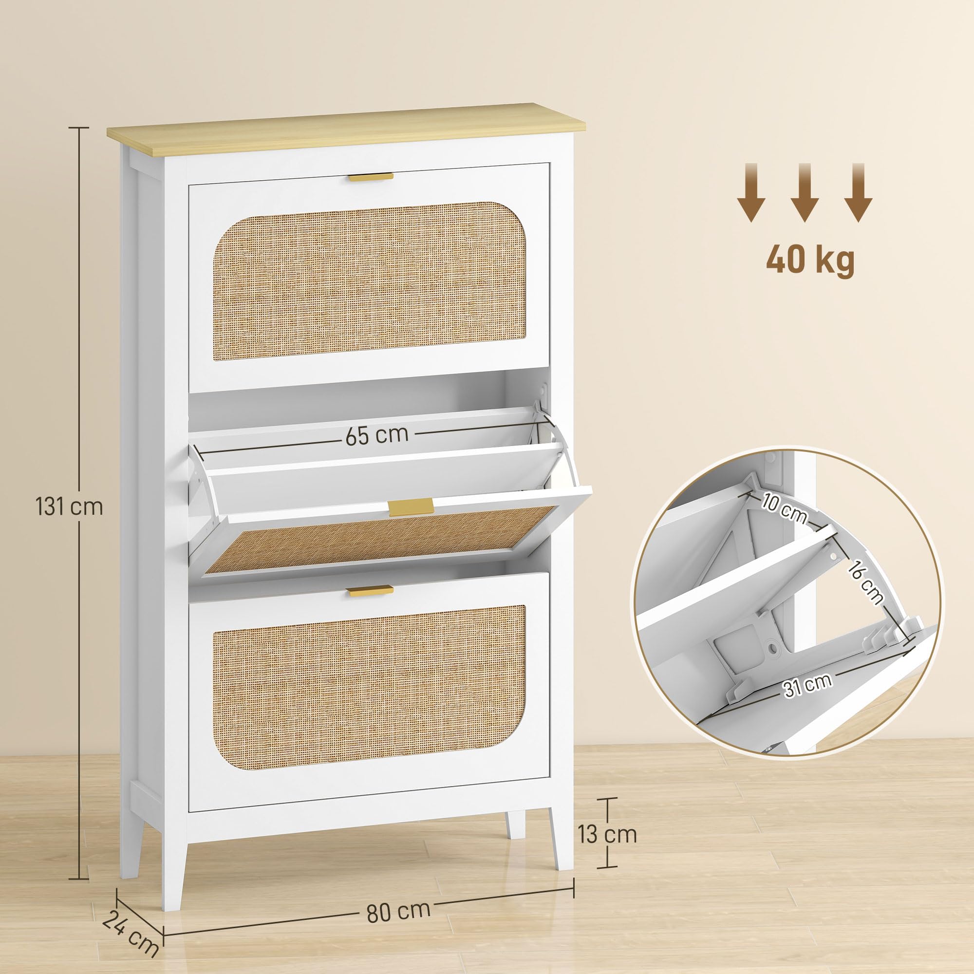 HOMCOM Meuble à Chaussures 21 Paires 3 Tiroirs 80x24x131cm Blanc