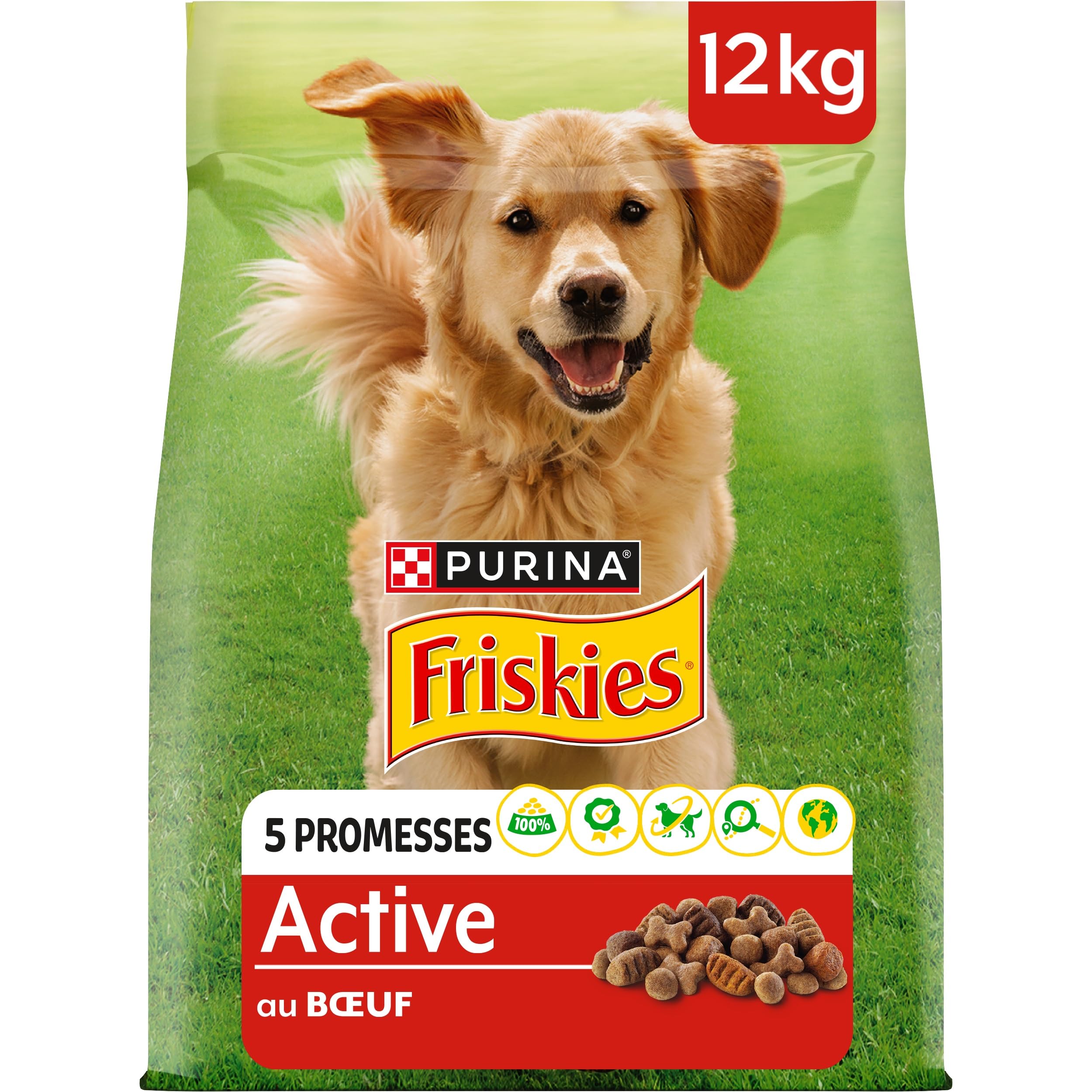 FRISKIES | Active | Chien | Croquettes pour Chiens Adultes | au Boeuf | Aide à Maintenir Un Niveau d'énergie élevé | Sac | 12 KG