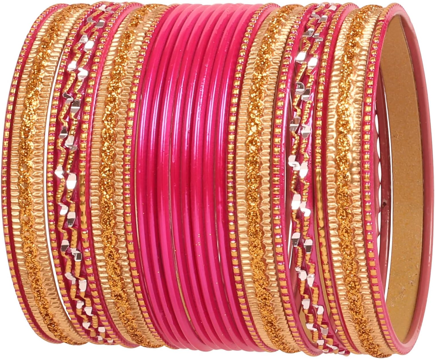 Indian Metal Bangles for Women Gold Alloy Bracelets desi 2 Dozen Bangle Collection Bollywood Women's Jewelry Set Multi Stacking Wide Chunky Textured Golden Set of 24 in Gold or White Tone