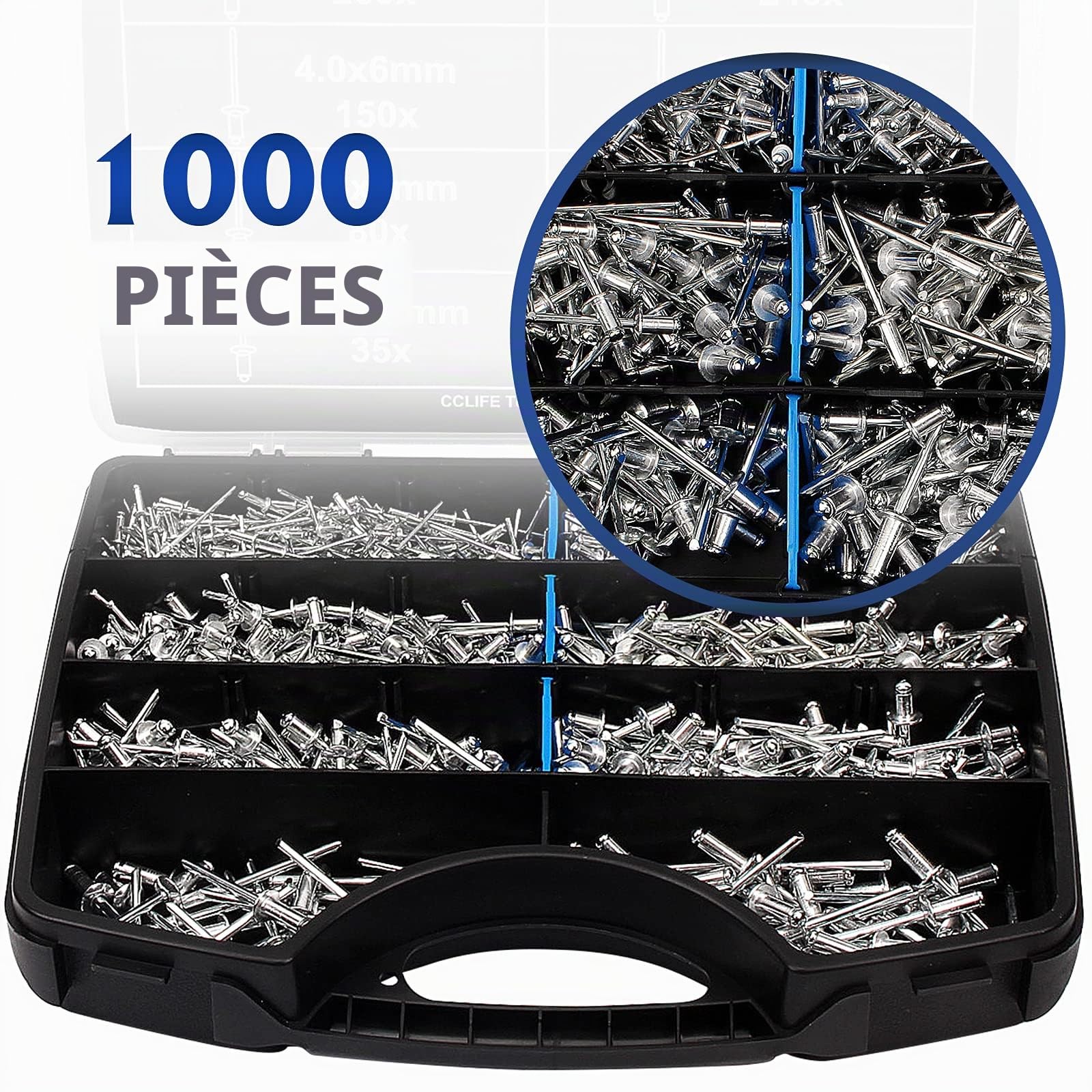 CCLIFE 1000 Pièces Boite de rivet pop，Rivets aveugles aluminium Ø2.4mm-3.2mm-4mm-4.8mm