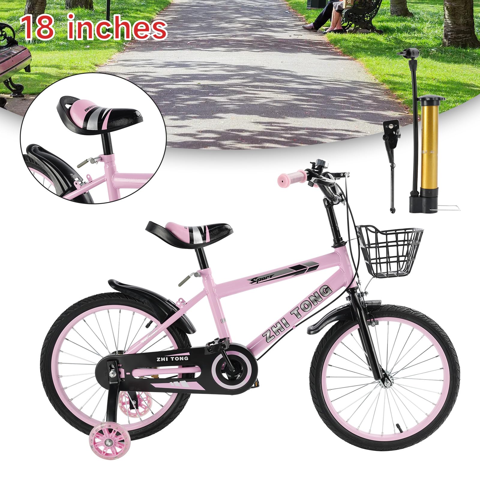 18 Zoll Kinderfahrrad, Verstellbarer Sitz & Lenker, Kohlenstoffstahlrahmen, Doppelbremsen, Stoßfeste Speichenräder, Magnetische Blitzräder, Abnehmbare Stützräder, Jungen/Mädchen Fahrrad