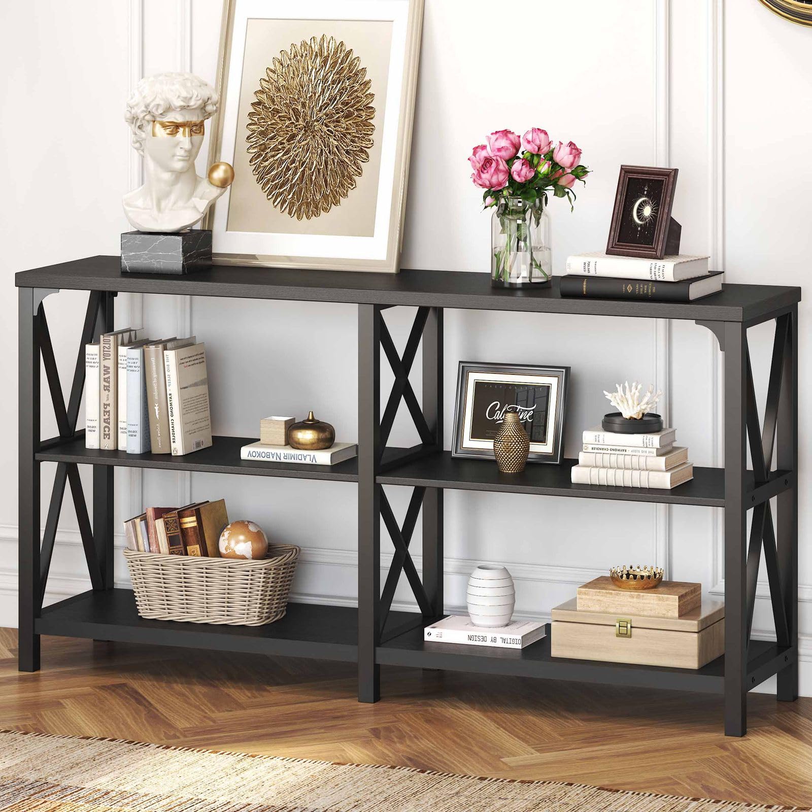 IBF Black Console Table Modern Sofa Table Behind Couch Industrial Entryway Table for Hallway Living Room Farmhouse Wooden