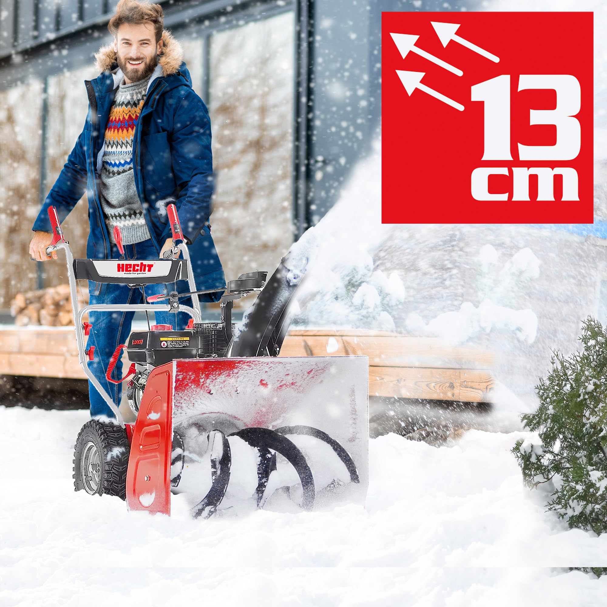 HECHT Benzin Schneefräse 61 cm – 2-stufig, 13 m Auswurfweite | 53 cm Arbeitshöhe, drehbarer Auswurfkamin, 6 Vorwärts- & 2 Rückwärtsgänge – für Hof, Einfahrt und Gehweg