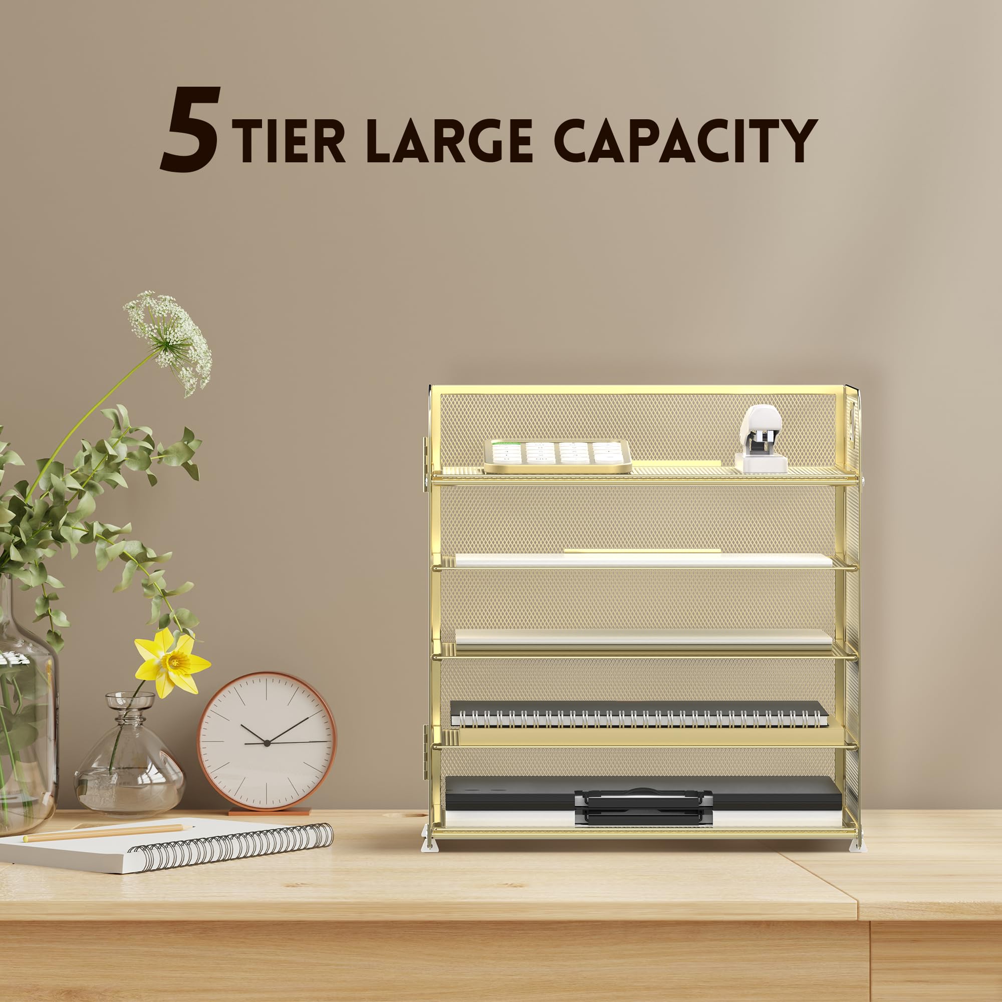 Supeasy 5 Ablagen, Papier-Organizer, Briefablage mit Griffnetz, Schreibtisch-Organizer, Papiersortierer, Schreibtisch-Organizer für Büro, Zuhause oder Schule (Gold)