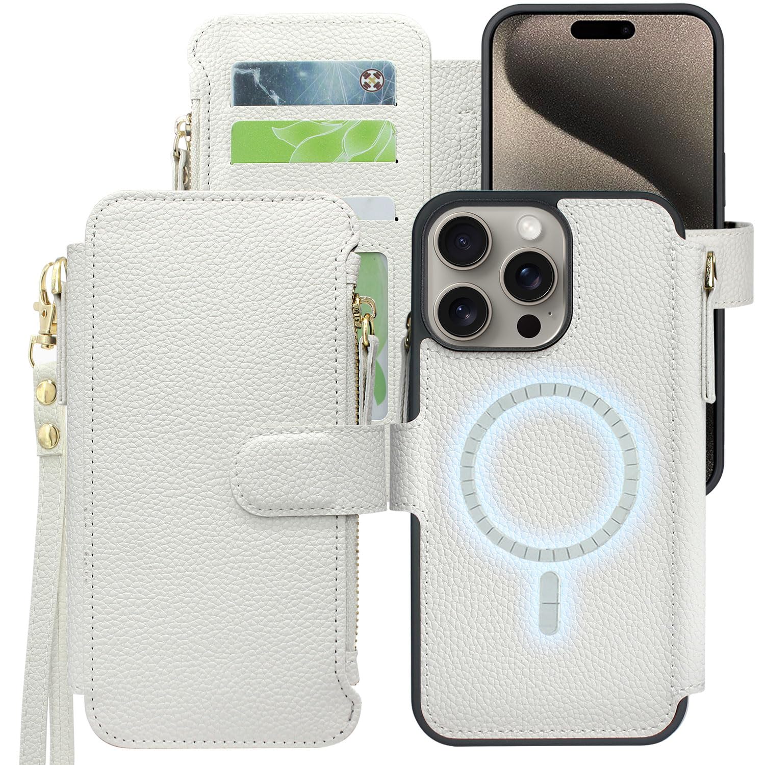 Harryshell Compatible with iPhone 15 Pro Max Case Wallet Support MagSafe Wireless Charging with 3 Card Slots Holder Cash Coin Zipper Pocket Pu Leather Flip Closure Lanyard Wrist Strap (White)