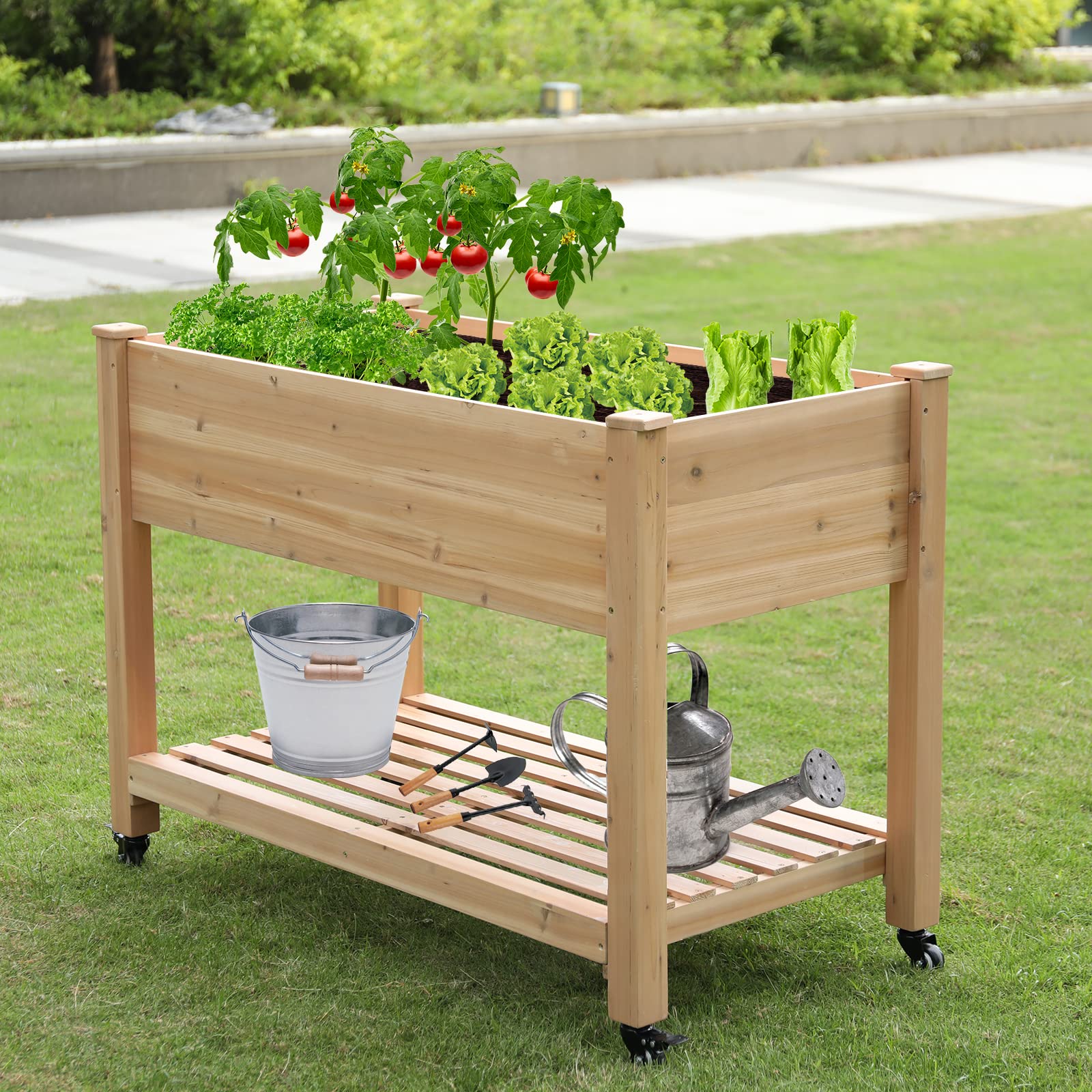 Amazon.com: 高架花園床帶輪子高架床帶儲藏木製花園種植盒適合母親園藝
