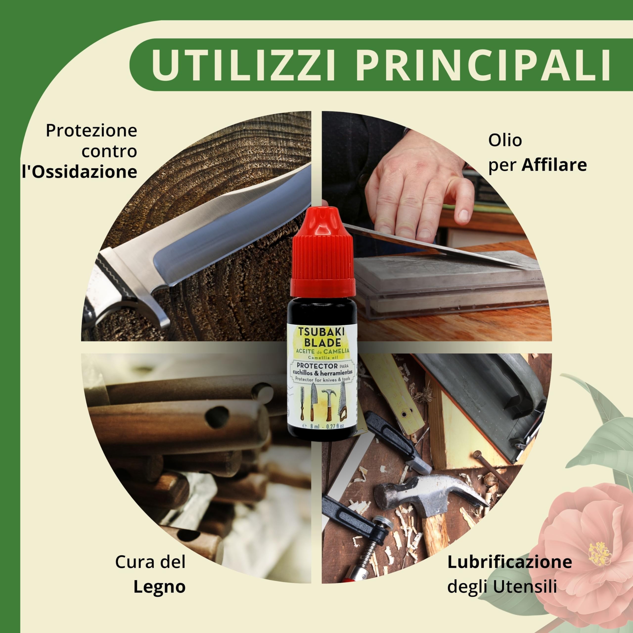 Tsubaki Blade | Olio di Camellia per Coltelli e Strumenti - Protettore Antiossidante, Lubrificante Naturale, Ideale per Coltelli in Acciaio al Carbonio e Legno - 100% Puro e Senza Prodotti Chimici