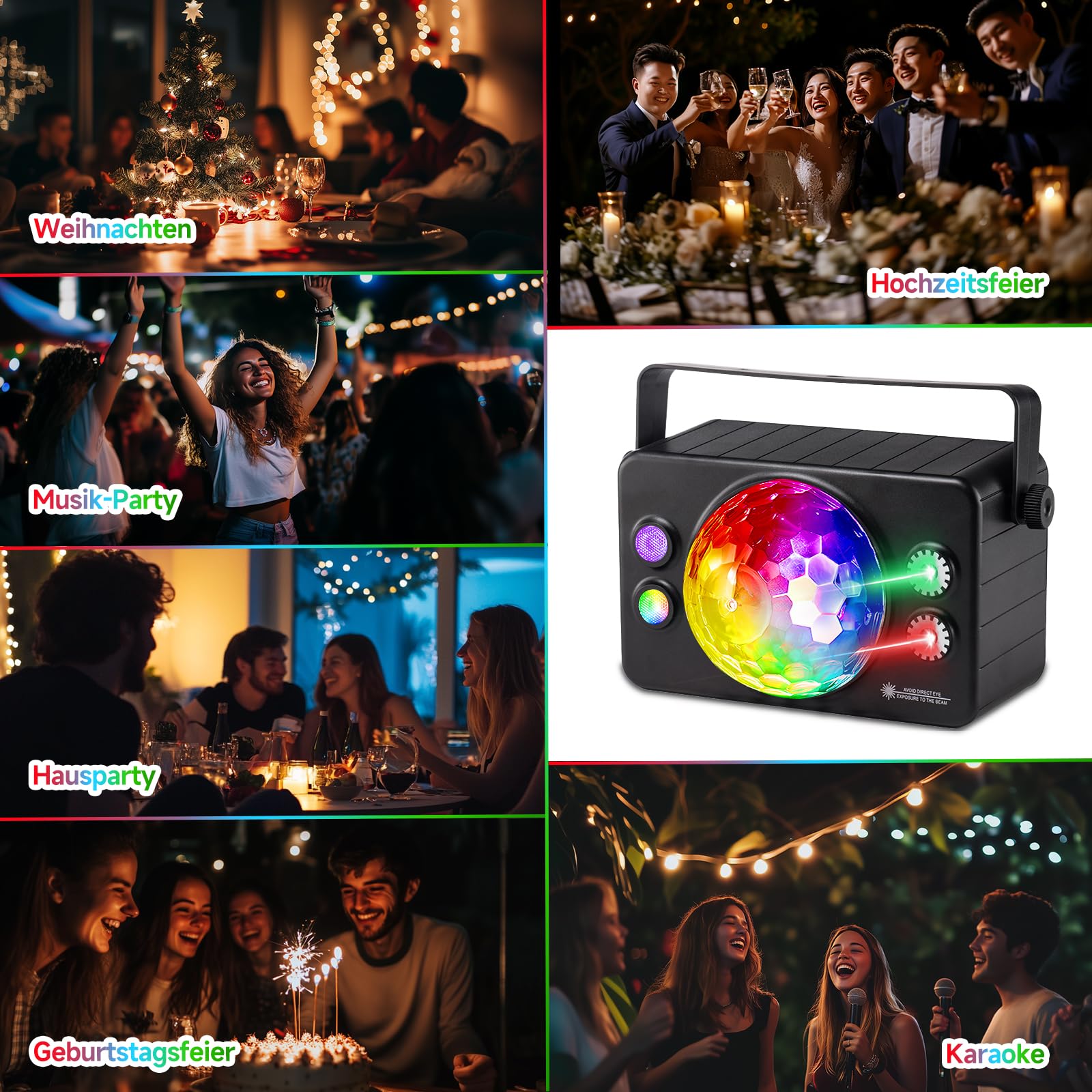 5 en 1 Boule disco Lumière de fête contrôlée par la musique - Lumière stroboscopique LED - Lumière disco - 10 W RVB - Avec télécommande pour décoration de fête