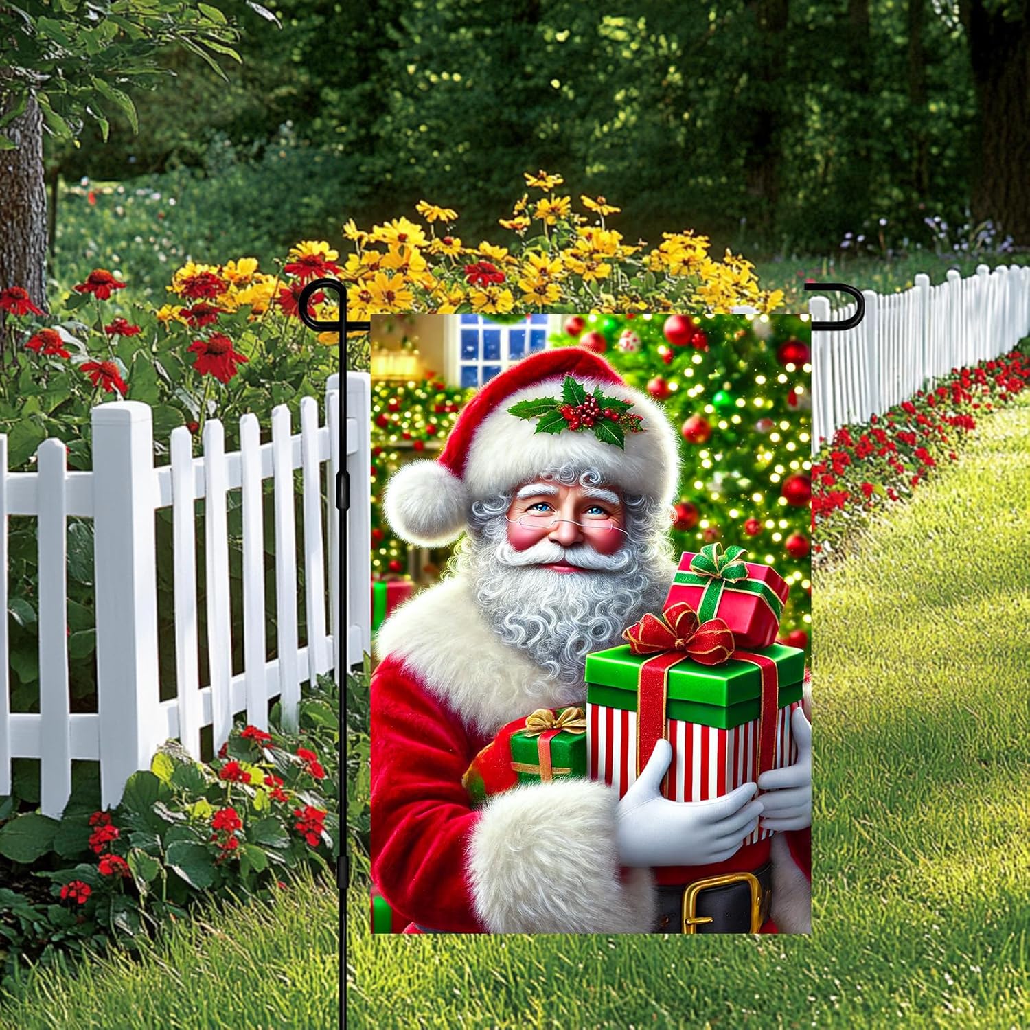 Merry Christmas Garden Flag 12x18 Inch Santa Claus Holding Gifts Flag Snowy Winter Outdoor Yard Decor House Banner Porch Lawn Patio Home Decoration - Image 2