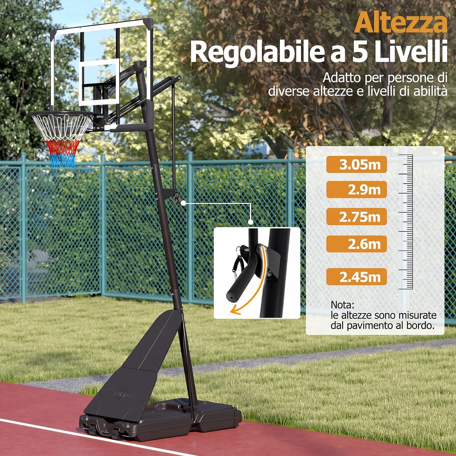 COSTWAY Canestro Basket da Esterno, Canestro da Basket Professionale con Altezza Regolabile 245-305 cm, Portatile con Ruote, Base Riempibile, Sistema di Ritorno e Tabellone Infrangibile | Altezza Regolazione a 5 Livelli 245-305 cm, Base Riempibile, Tabell