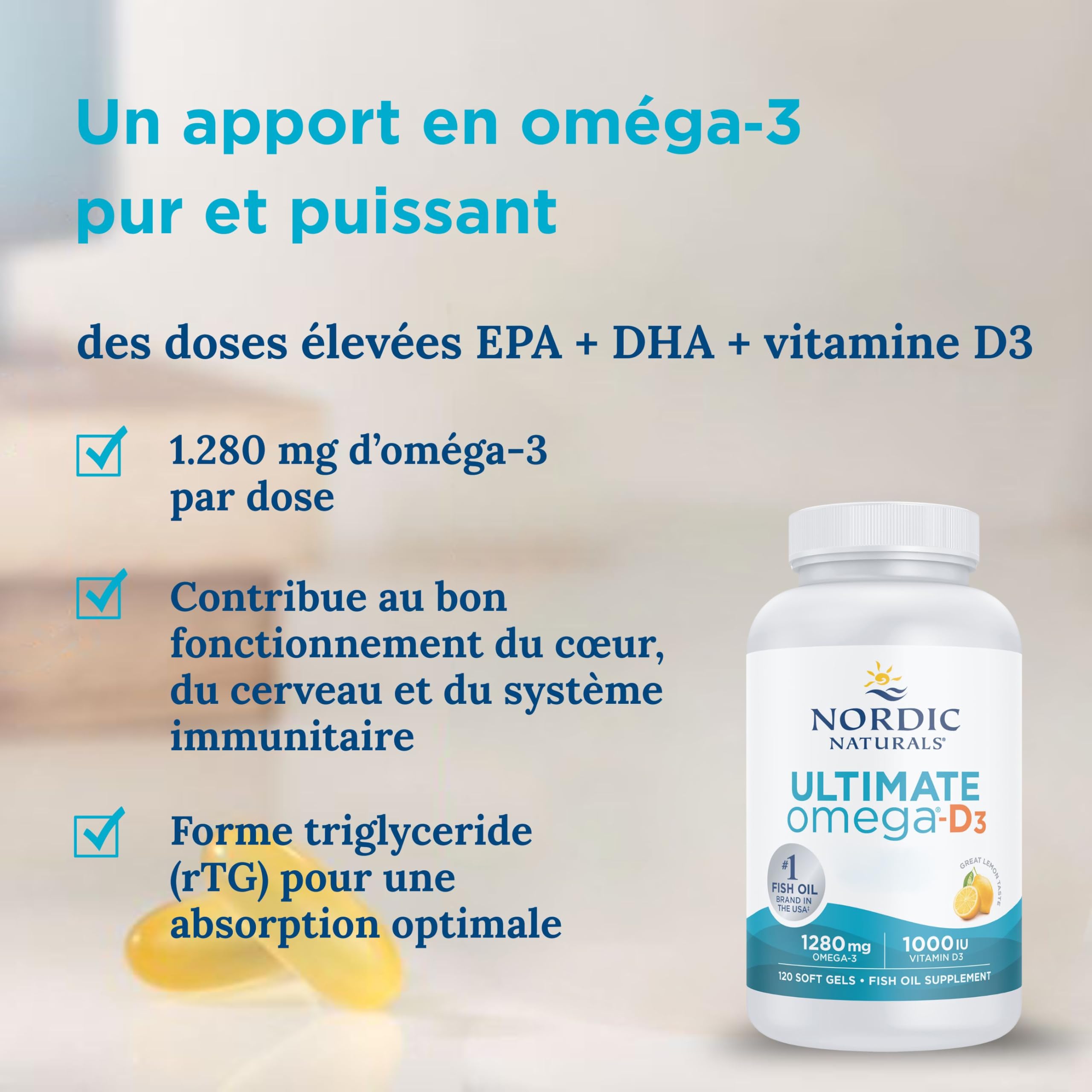 Nordic Naturals Ultimate Omega-D3, complément d’huile de poisson oméga-3 1.280 mg avec EPA, DHA et vitamine D3, forte dose, saveur citron, 120 capsules molles, sans soja, sans gluten