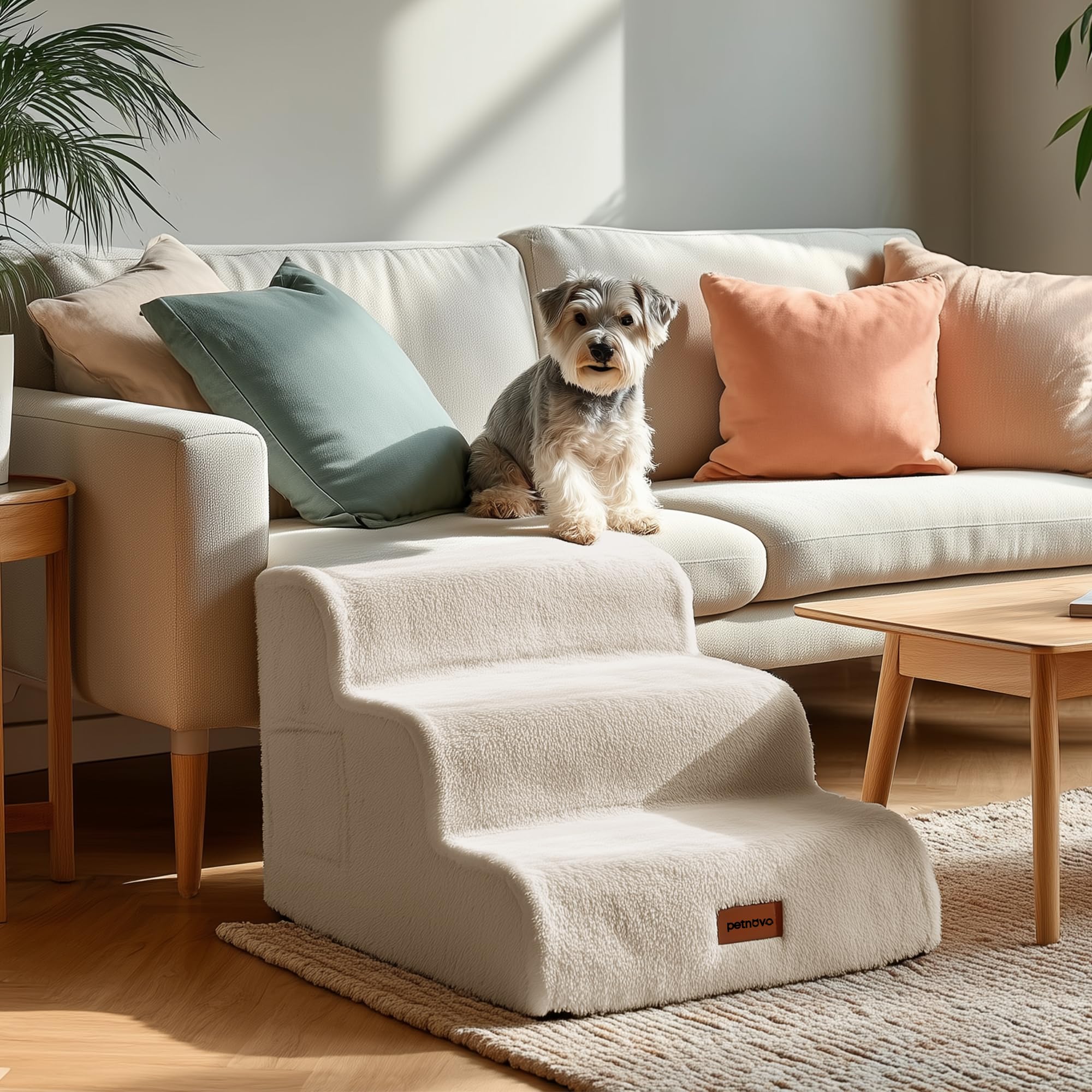 PETNOVO Escalera para Perros de 3 Peldaños para Sofá y Cama, Escalones para Perros Pequeños y Mayores con Felpa Ultrasuave, Base Antideslizante y Funda Lavable, Certificación Oeko-Tex, Beige Crema OEKO-TEX STANDARD 100