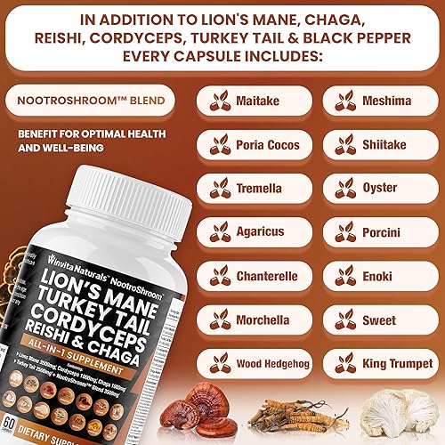 Miniatura 5 de Lions Mane 3500mg Suplemento de hongo con cola de pavo 2500mg Reishi 1000mg Cordyceps Chaga Maitake Meshima Poria Cocos Shiitake Oyster Porcini