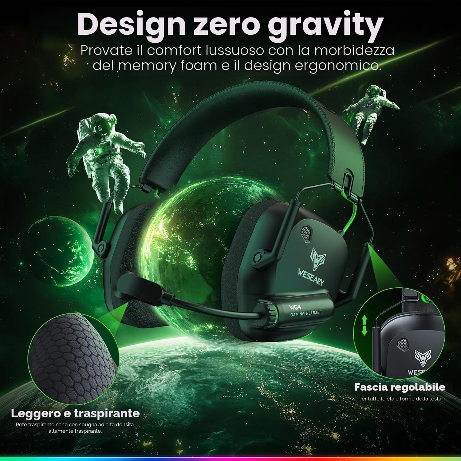 WESEARY WG4 Cuffie Gaming Wireless, 2,4 GHz Cuffie con Microfono per PS5, PS4, PC, Switch, Mac, Mobile, Stereo Cuffie Bluetooth con Luce LED, Batteria da 45 Ore