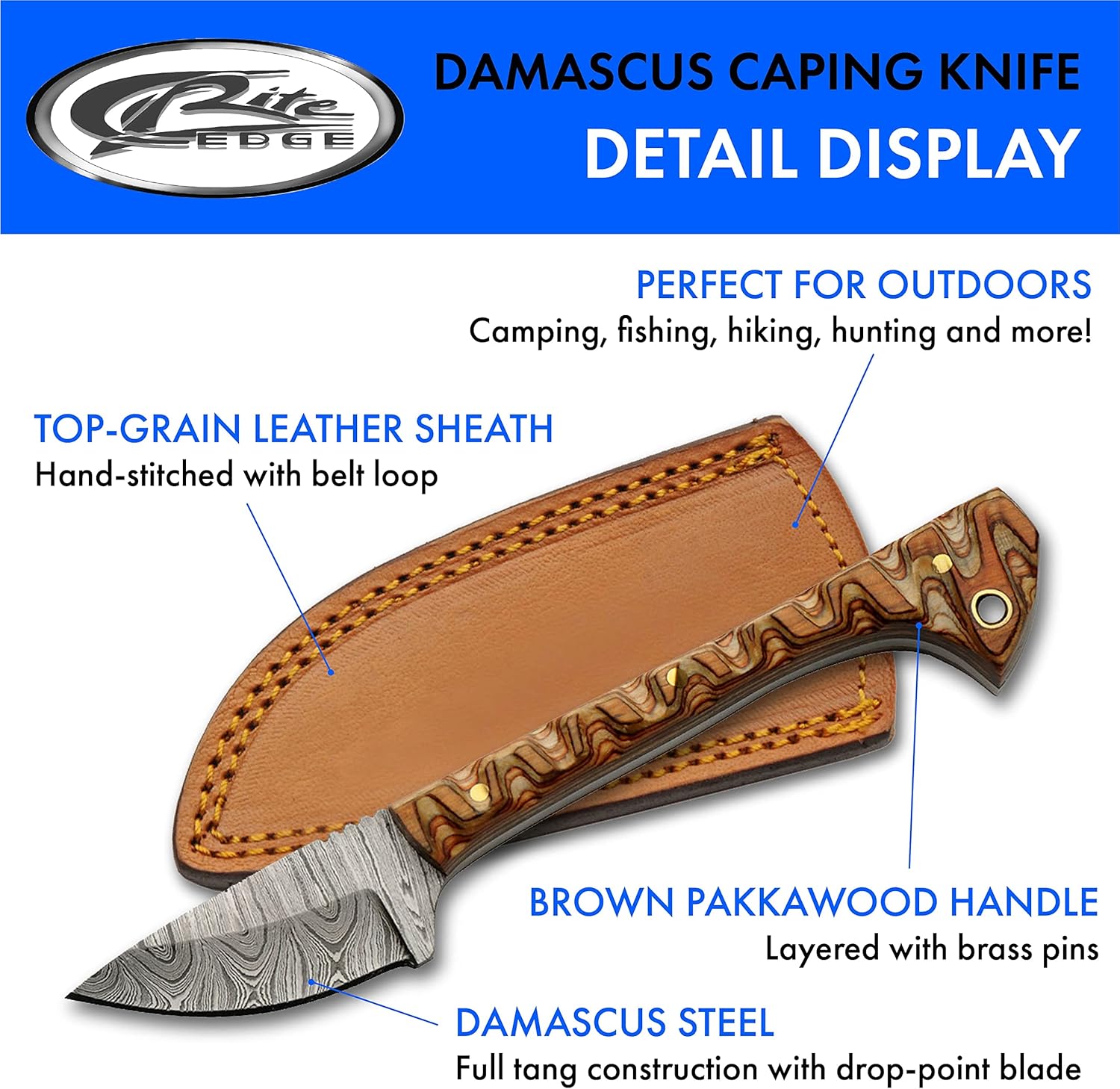 SZCO SANZ Damascus Hunting Knife 6.5 Inch - Brown Camping Knife with Pakkawood Handle, Full Tang Blade & Sheath for Hunting, Camping & Outdoor uses - Knives for Men