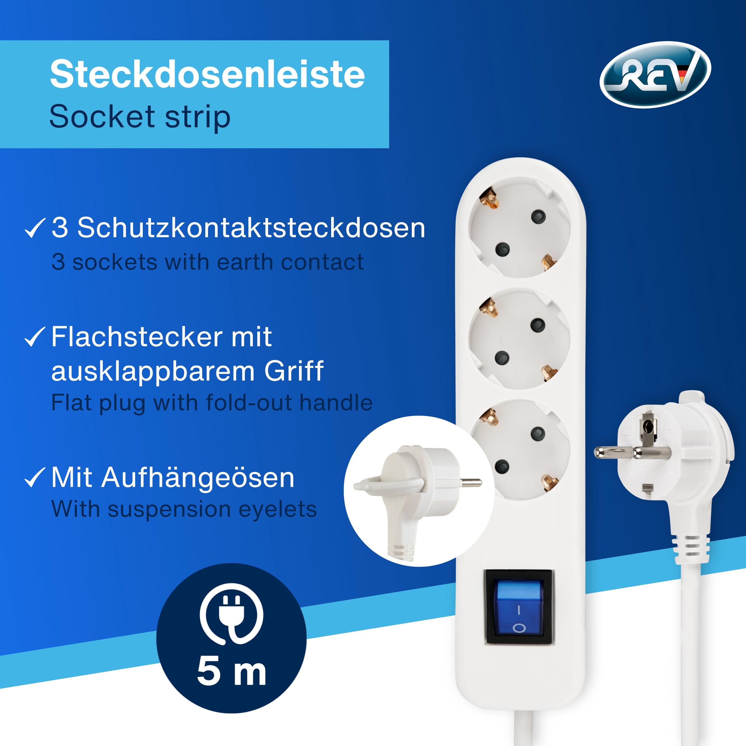 REV Listwa zasilająca Ice – gniazdo wielokrotne, 3680 W, 5 m, biała