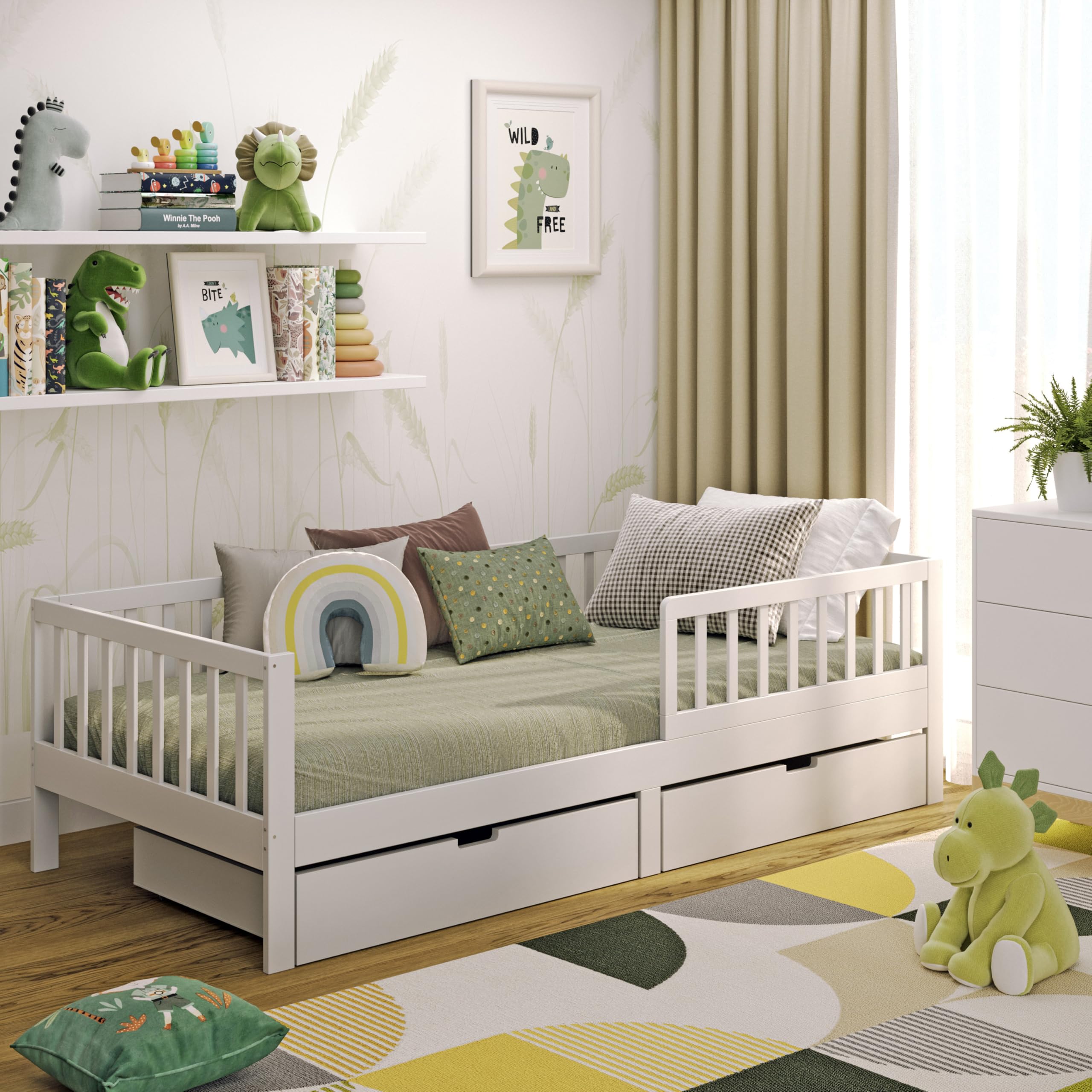 CADANI Nik Kinderbett 90x200 cm mit 2 Schubladen – Juniorbett & Jugendbett mit abnehmbarem Rausfallschutz, bis 200 kg belastbar, extra stabiles Einzelbett inkl. Roll-Lattenrost - weiß