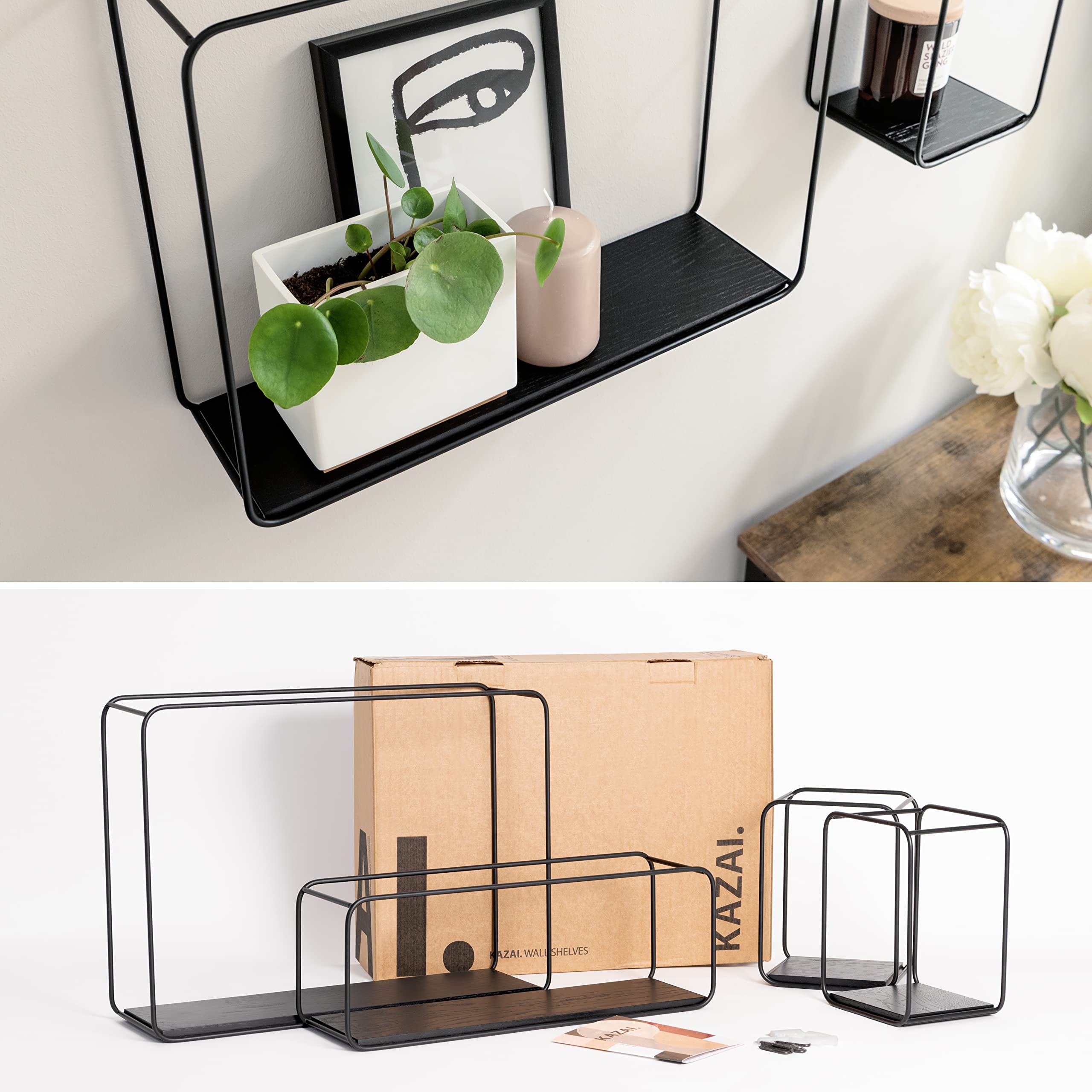 Kazai. Mensole da Muro Design -Jona- | Scaffale Metallo a 4 Parti con Impiallacciatura in Vero Legno | Decorazione della Parete, Libreria Scaffale, per Camera da Letto, Bagno, Cucina | Quercia, nero