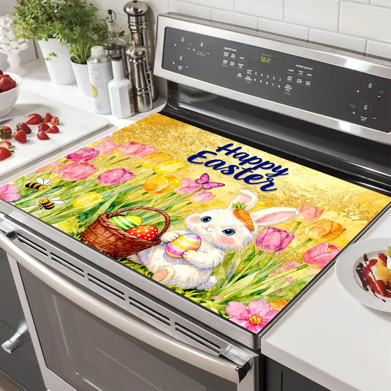 HOMETITUTE Easter Bunny Stove Top Cover 28x20 Egg Tulip Meadow Heat Resistant