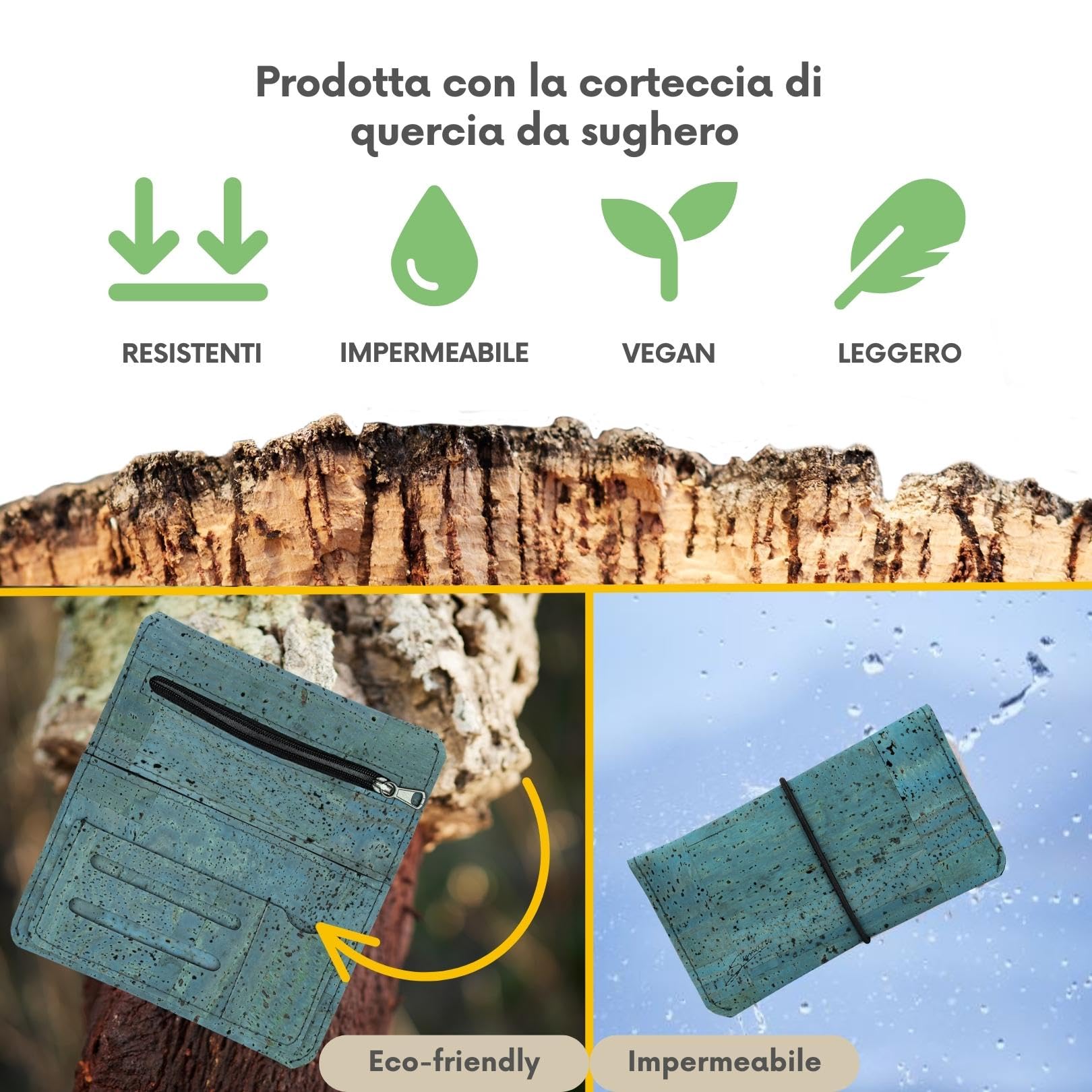 SIMARU porta tabacco in sughero, portatabacco con scomparto cartine, filtri e accendino, astuccio, borsello, sacchetto, borsa porta tabacco impermeabile, durevole e vegane, chiusura intercambiabile