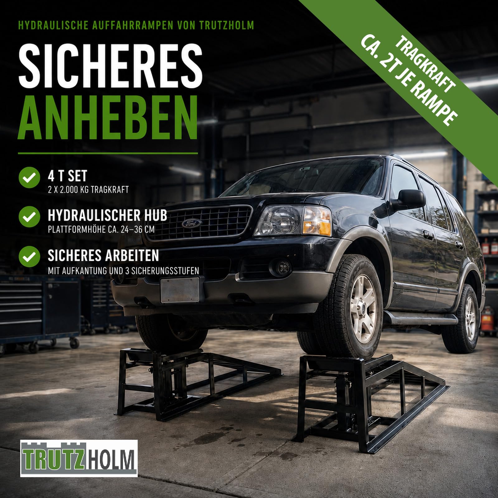 TRUTZHOLM hydraulischer Auffahrbock Auffahrrampe Pkw KfZ Verladerampen Wagenheber höhenverstellbar (2 Stück)
