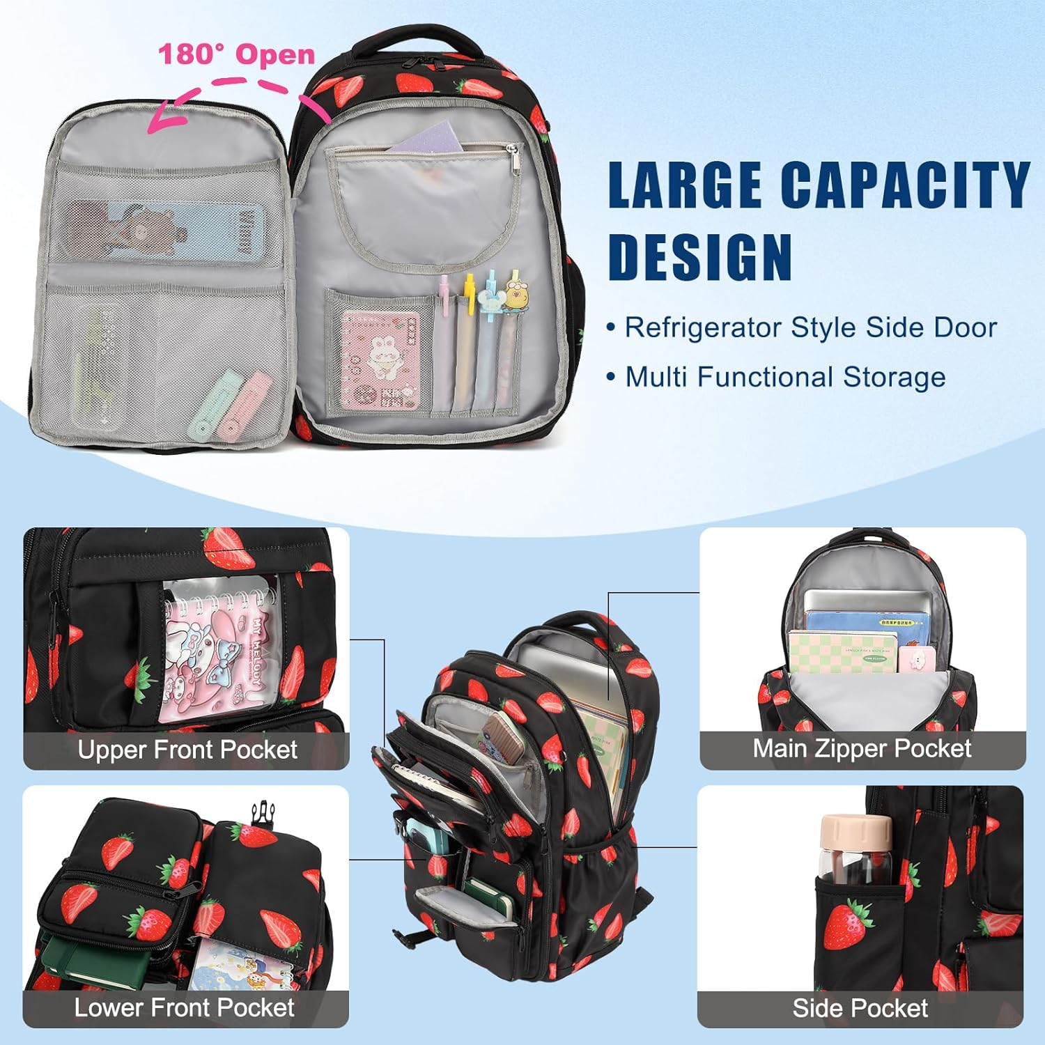 Strawberry School Backpack for Girls, Kids Bookbag Elementary Middle High School Bags Women Laptop Back Pack Travel Daypacks - Image 3