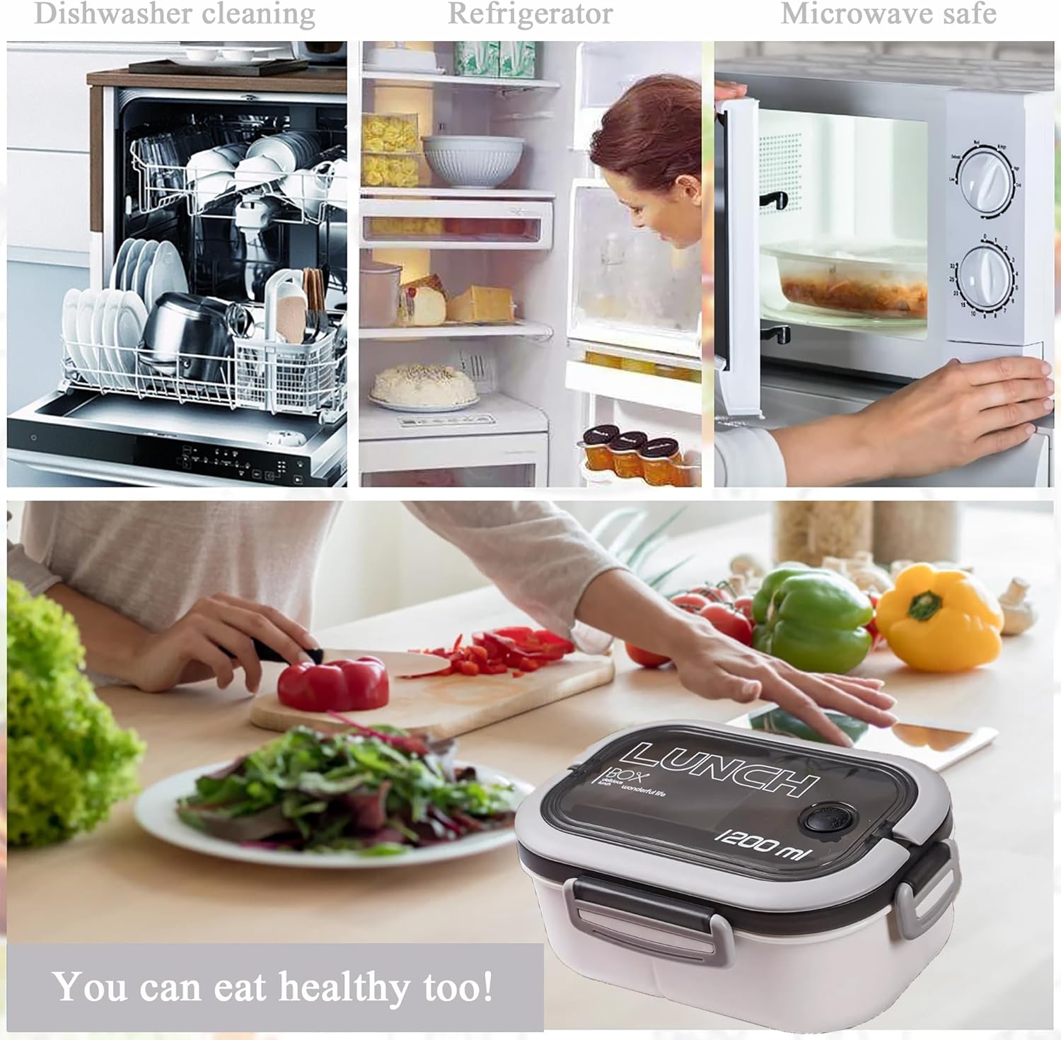 Bento Box Adult, Lunch Box for Men and Women, 1200ML Leak-proof Double-layered with Handle Lunchbox, Reusable BPA-Free Lunch Container, Microwave/Dishwasher Safe, Snack Box with Cutlery Set, White - Image 5