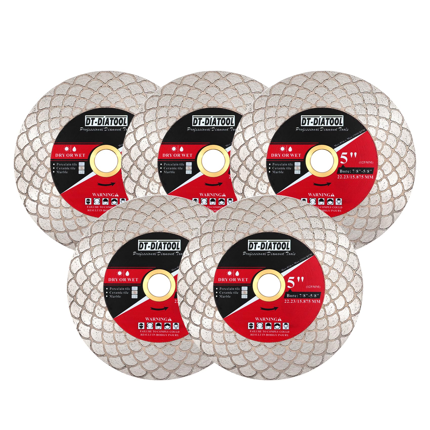 DT-DIATOOL Diamond Tile Disc 125mm 5-Pack, Diamond Double-sided Cutting Disc for Porcelain Ceramic Marble Edge Grinding with Fan-shaped Cutter Head