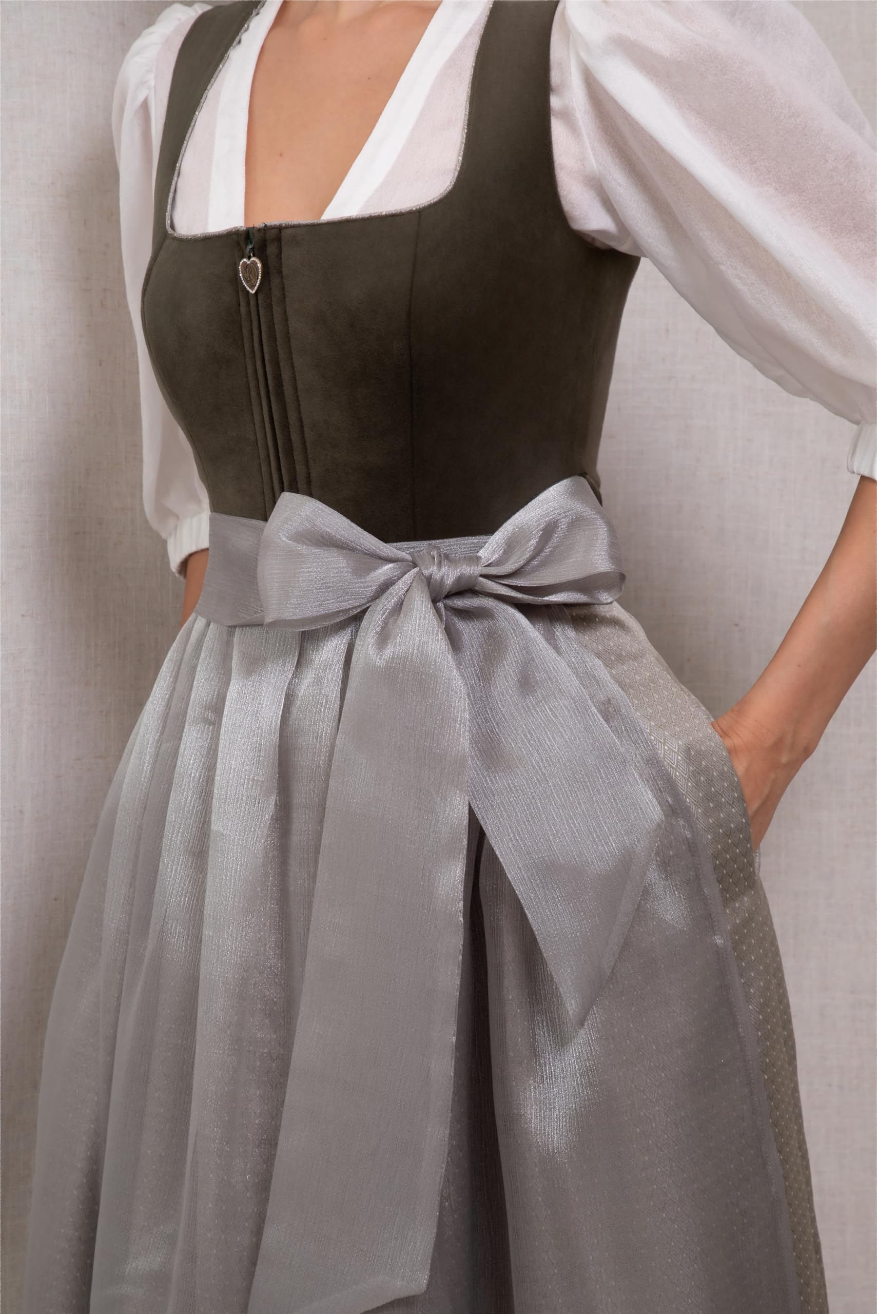 Damen Dirndl Moosgrünes/Grün 65cm/70cm,Elegant (Ohne Dirndlbluse) | Dirndl Grün,Dunkelgrüne,Velours-Mieder,mit Samt,Trachtenmode,Eckiger Ausschnitt,Dirndl Lang,für Oktoberfest Größe 36-44