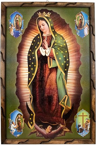 Mrcjsales imagen de Nuestra Señora de Guadalupe con imágenes en la esquina en marco rústico, pintura al óleo, 24 x 36 pulgadas, 13 x 18 pulgadas, 10