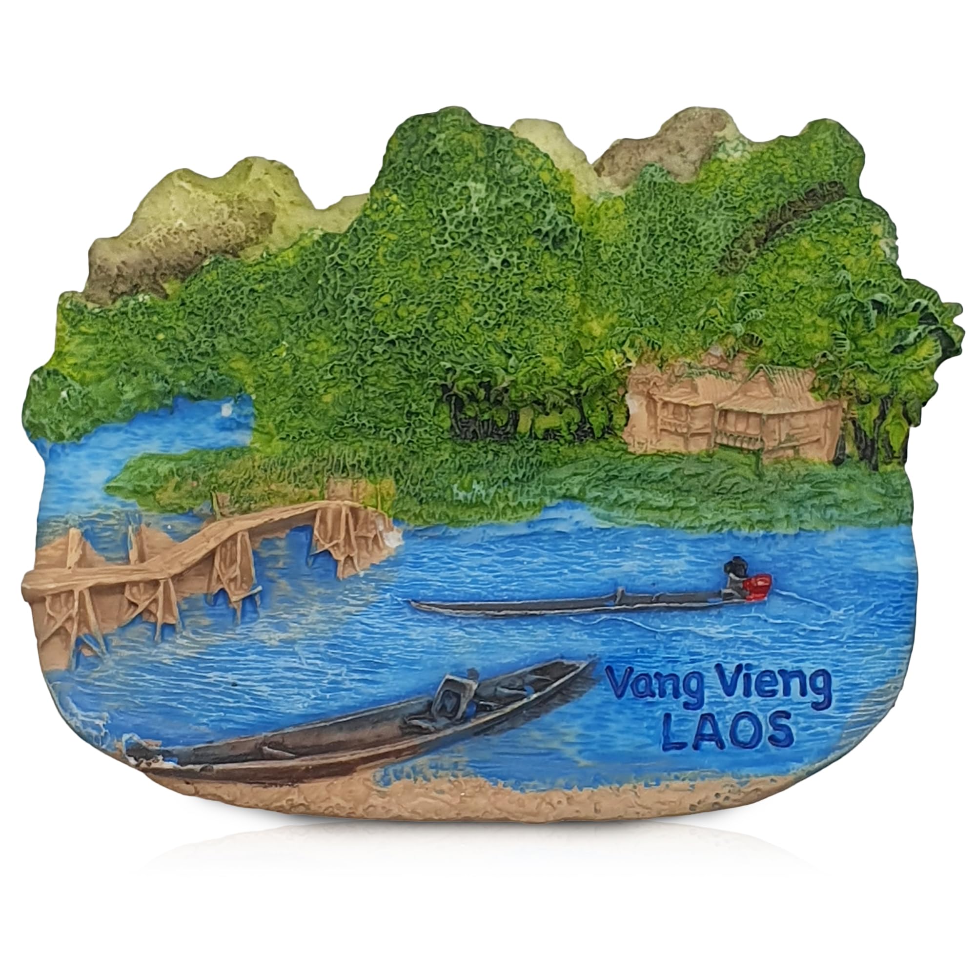 Vang Vieng Laos Fridge Magnet 3D Resin Souvenir Fishing Boat Wooden Bridge Traditional Lao House River Scene Travel Gift Home Kitchen Decoration Refrigerator Collectible