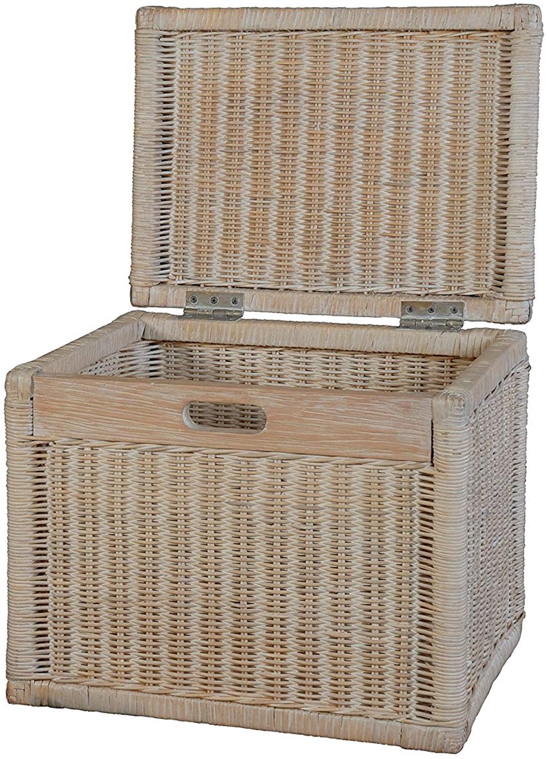 Kosz z pokrywką, rattanowy, pleciony, kosz regałowy, kosz szafkowy do przechowywania (Vintage Biały, Duży)