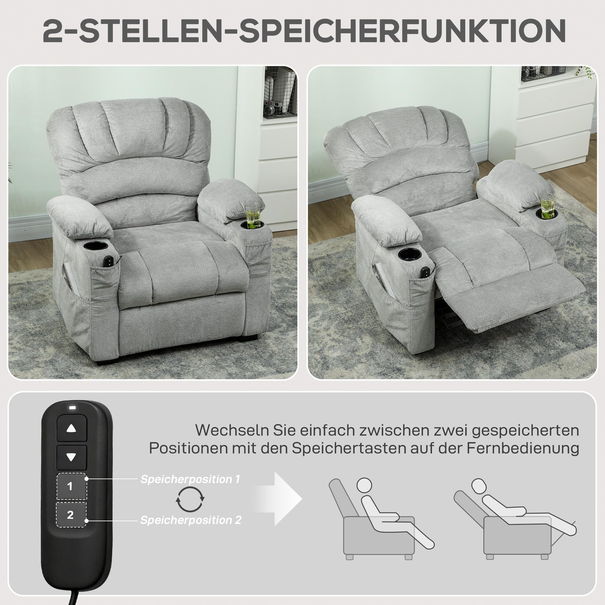 HOMCOM Relaxsessel Elektrisch mit Liegefunktion Muschel-Rückenlehne Grau