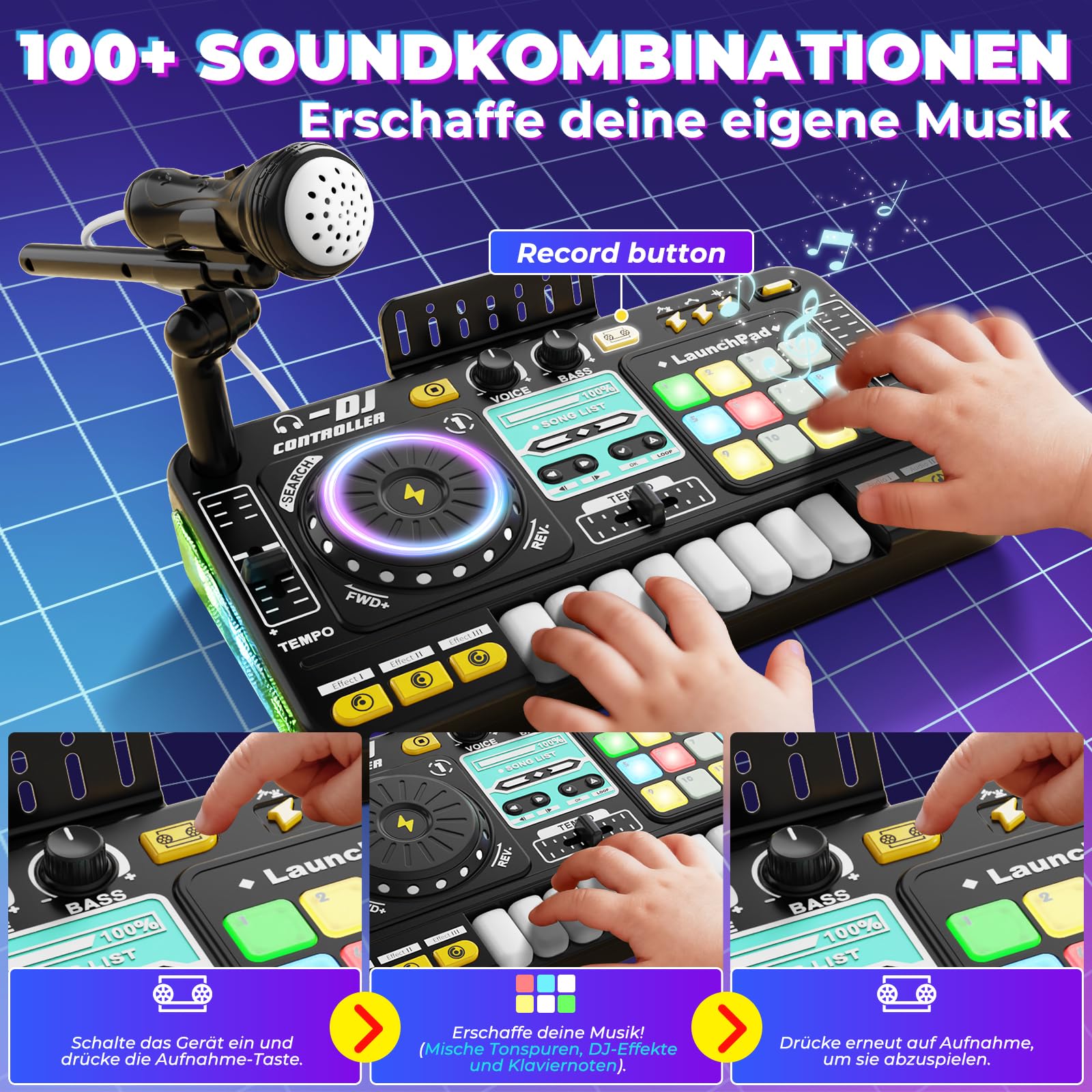 DJ Mischpult DJ Pult für Kinder 3-10 Jahre DJ Controller DJ Mixer Musikinstrumente mit Mikrofon 100+ Soundeffekten Licht Akku, Geschenk Spielzeug für DJ-Anfänger Jungen Mädchen 3 5 6 7 8 9 10 Jahre