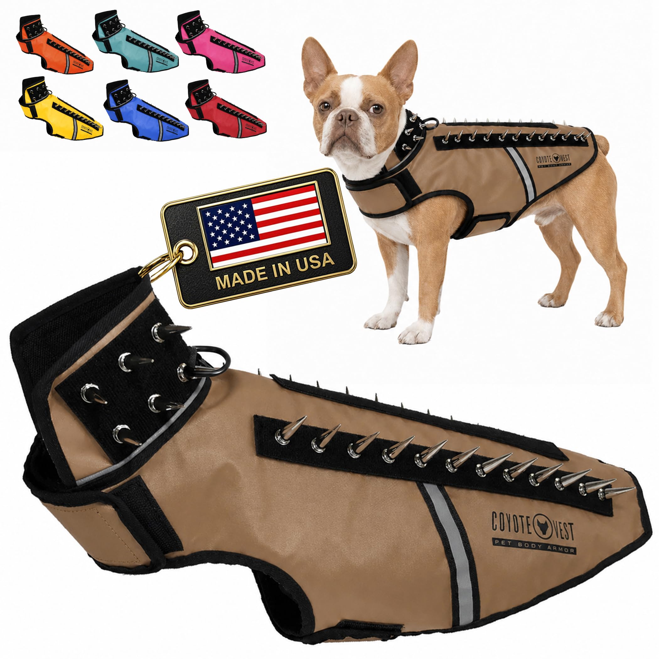 CoyoteVest SpikeVest Dog Harness for Small Dogs, Reflective Dog Vest with Spikes to Shield Your Pet from Coyotes, Raptors and Animal Attacks, Anti Hawk Vest, Made in USA (M-Texas Tan)