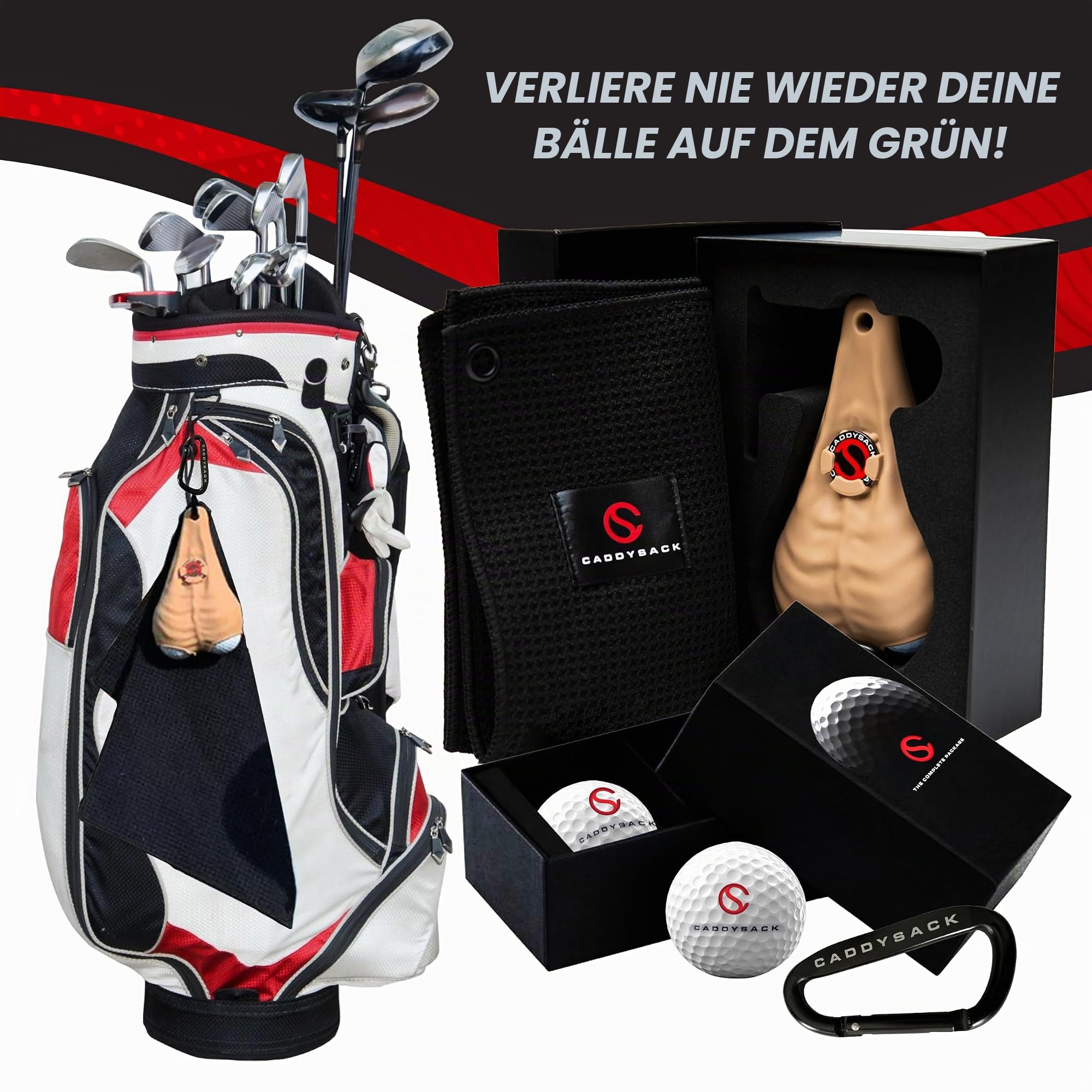 CADDYSACK Golfballhalter und Spender mit Golf-Handtuch, 2 Golfbälle, Golfballmarker, Karabiner, Geschenkbox – lässt Sich leicht an Golftasche, Gürtel oder Wagen befestigen – lustiges und funktionales