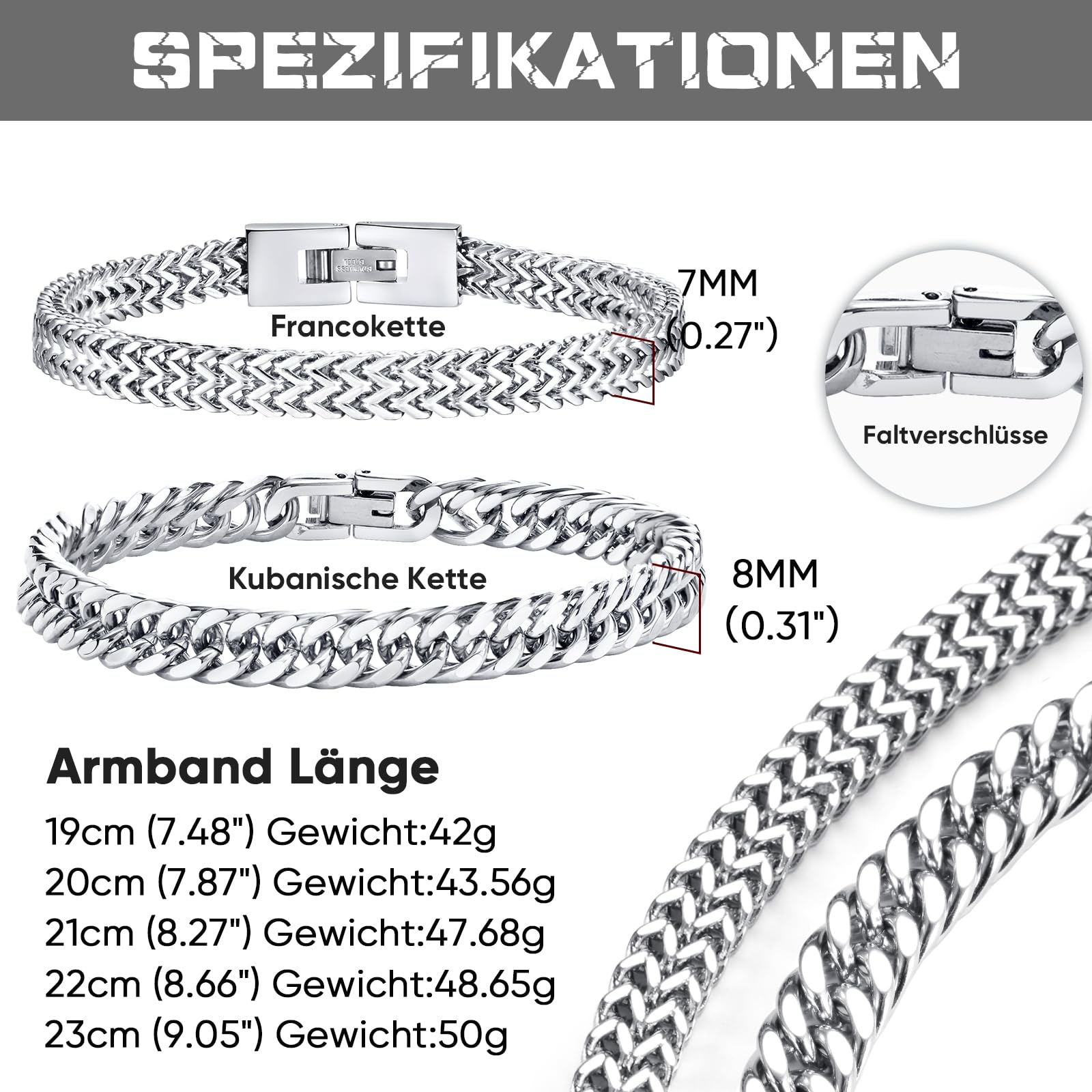 Herren Armband Edelstahl Armbänder Panzerkette - 2 Stücke Silber Schwarz Gold Herrenarmbänder für Männer Jungs Kubanische Armband 8mm Breite 19cm/21cm/23cm Länge Geschenke für Ehemann Papa Sohn Bruder