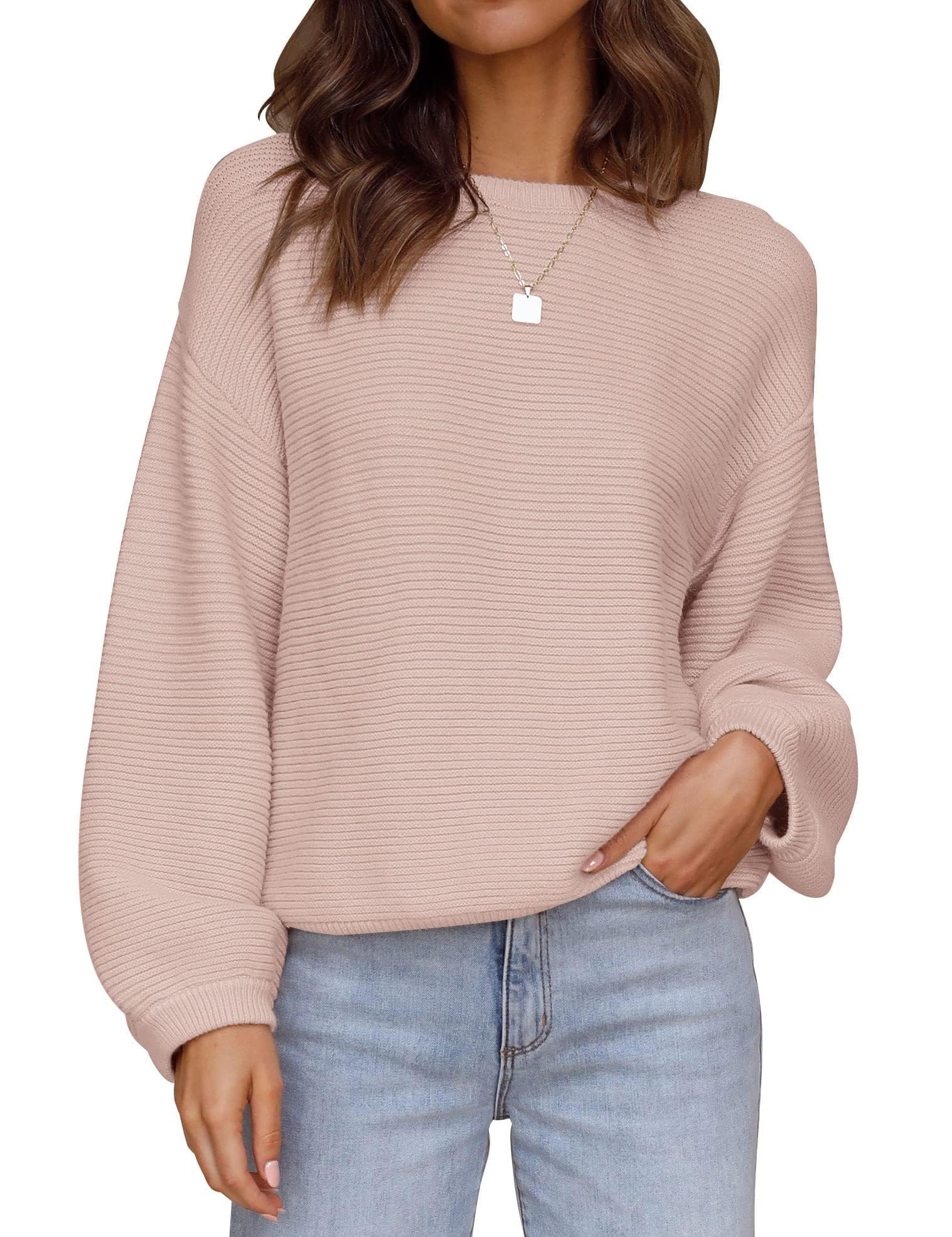 ZESICA Womens Crew Neck Long Lantern Sleeve Fall 2026 Casual Loose Ribbed Knit Solid Soft Pullover Sweater Tops