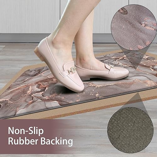 Miniatura 4 de OTOB Juego de 2 tapetes de cocina grises antifatiga, tapete de cocina de mármol antideslizante, impermeable, decoración de cocina dorada, tapetes de