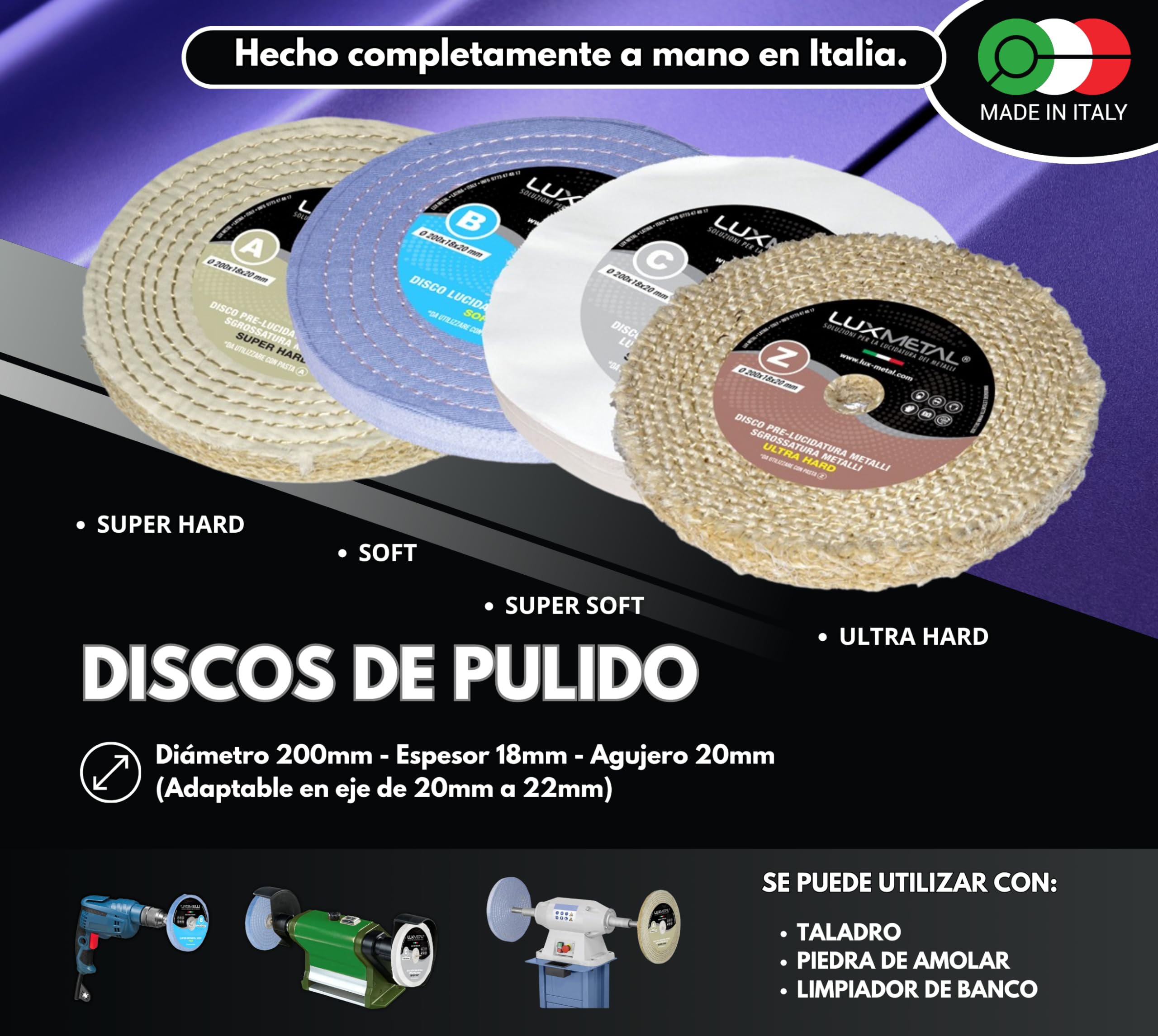 Lux Metal - Kit de pulido 03 con 4 discos de pulido de 200 mm y 4 pastas de pulido sólidas de 350 g - Ideal para pulir Aluminio, Hierro, Acero inoxidable, Latón, Bronce, Cromo, Cobre, Plata, Oro