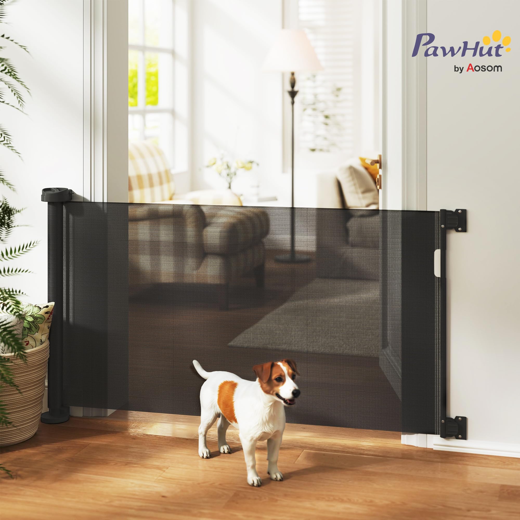 PawHut Barrera de Seguridad para Perros Retráctil 0-136 cm Puerta para Perros Pequeños Extensible con Interruptor de Cierre Red de Seguridad para Pasillos Escaleras Interiores y Exteriores Negro