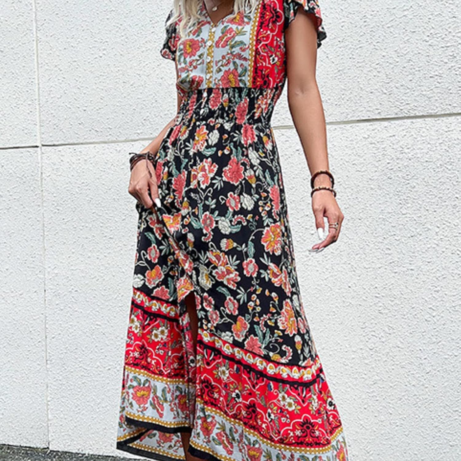 Roll Up Women's Bohemian Spring Summer Colorful Floral Printed Vintage Boho Red Blue Green Beach Casual Slit Long Maxi Dress