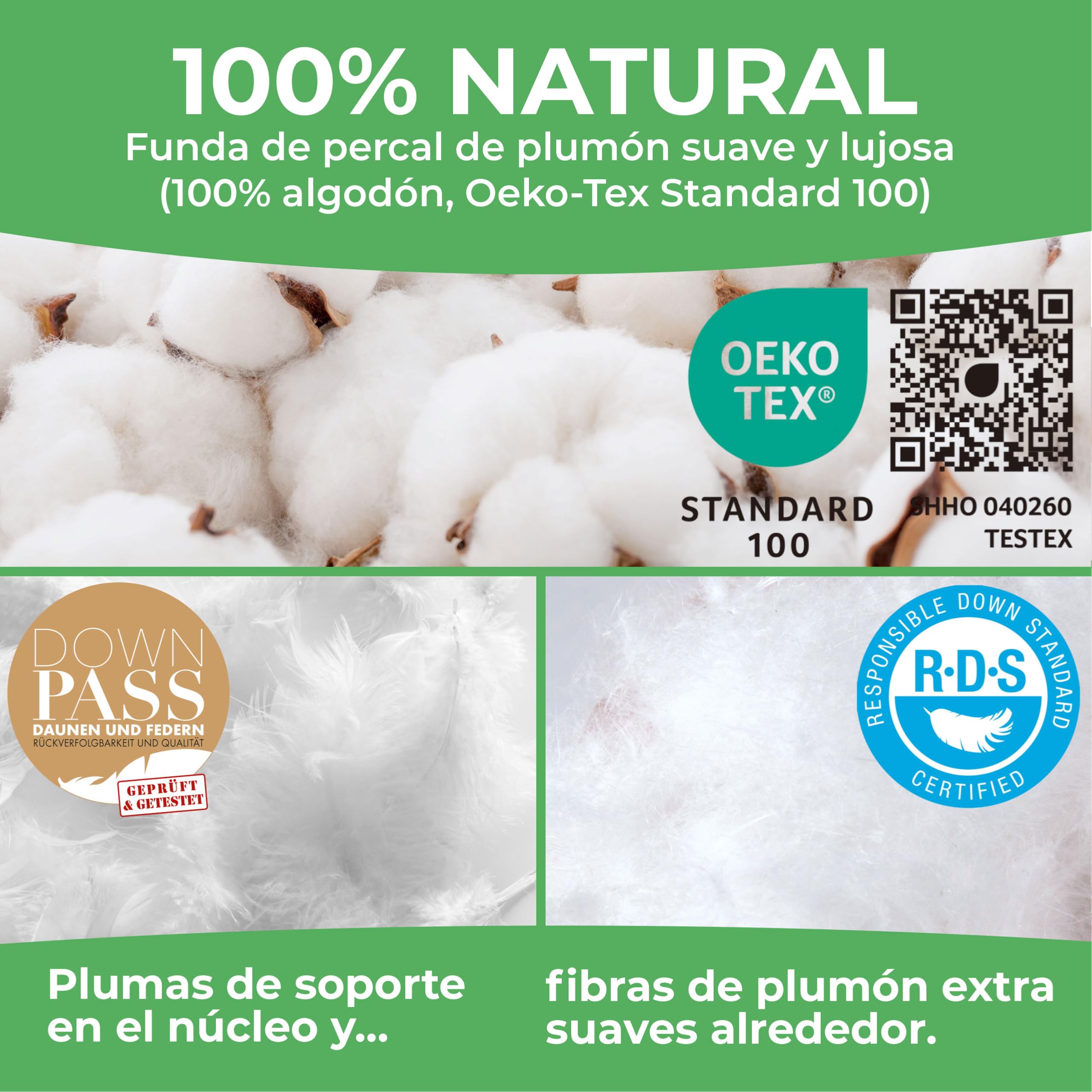 Welldora Almohada Premium 50x70 cm, 100% Fibras de plumón y Plumas, Media | Diseño de nubes para máximo confort | De lado y boca arriba | Oeko-Tex | Dermatest “Muy bueno” | Prestigiosa marca suiza