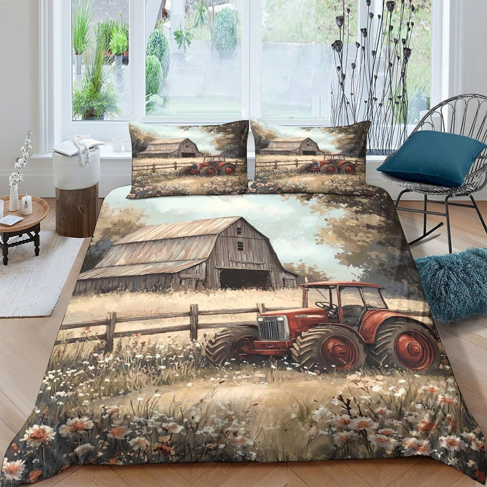 Ctjqhvkz Style-3 3D Printed Farmhouse Barn Fitted Sheet Microfiber Rustic Tractor Mattress Cover Bedroom Decor Machine Washable Single（135X200cm）