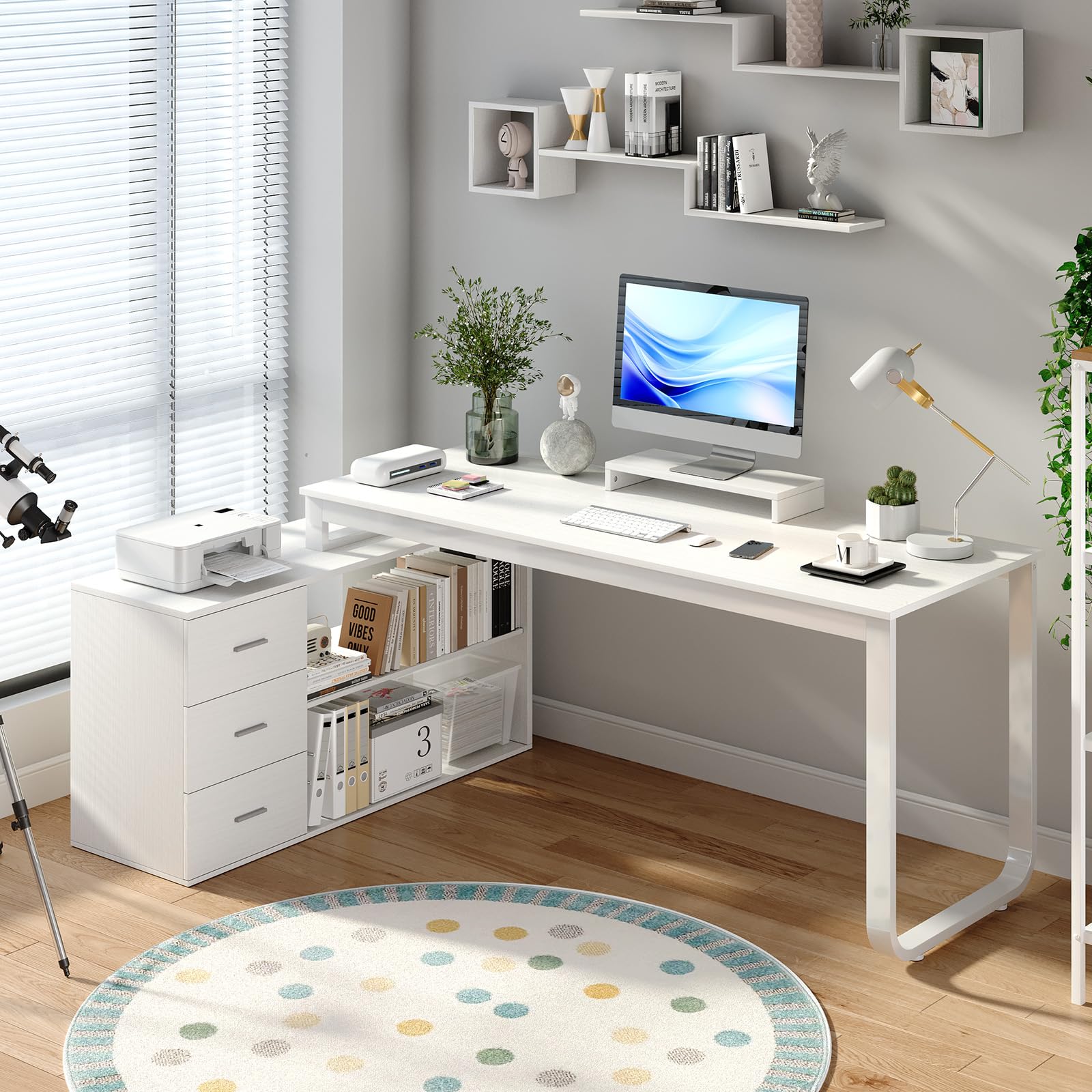 HOMBCK L Shaped Desk with Drawers and Shelves, 55" Craft Desk with Storage, Removable Monitor Stand, Reversible L Shaped Desk, Corner Desk for Bedroom,Home Office, White